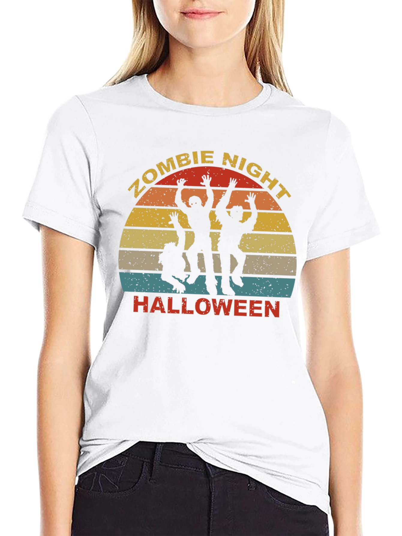 Zombie Night Halloween T-Shirt - Retro Sunset Design