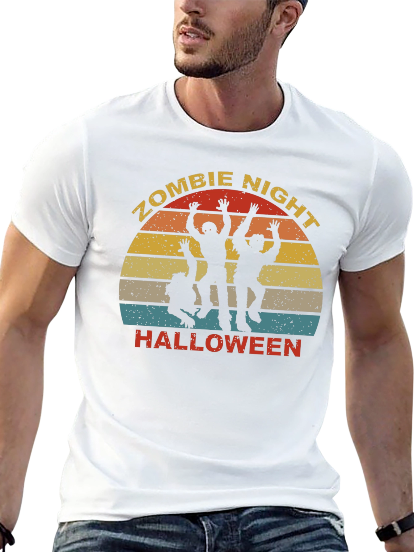 Zombie Night Halloween T-Shirt - Retro Sunset Design