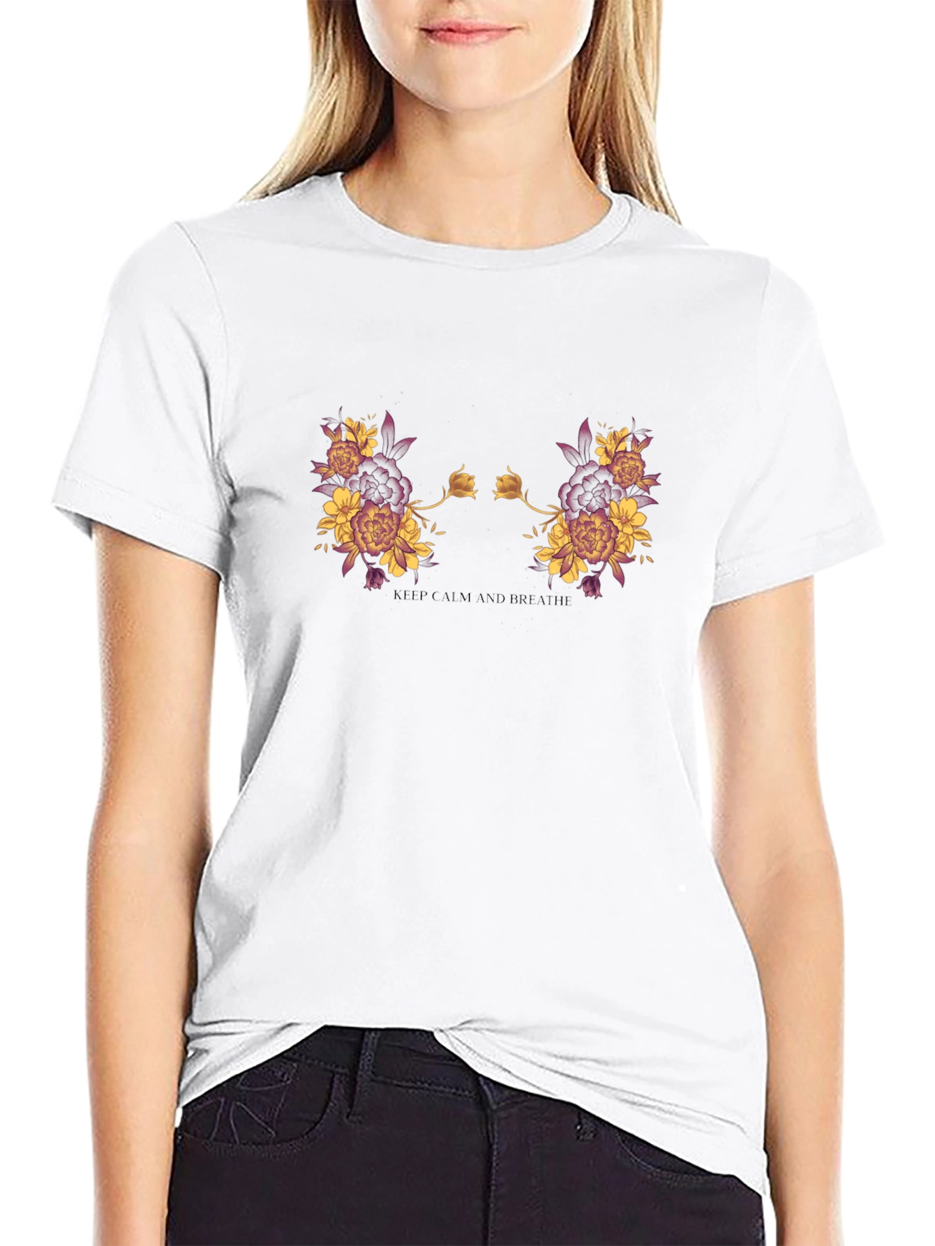 Floral Black T-Shirt: Keep Calm and Breathe