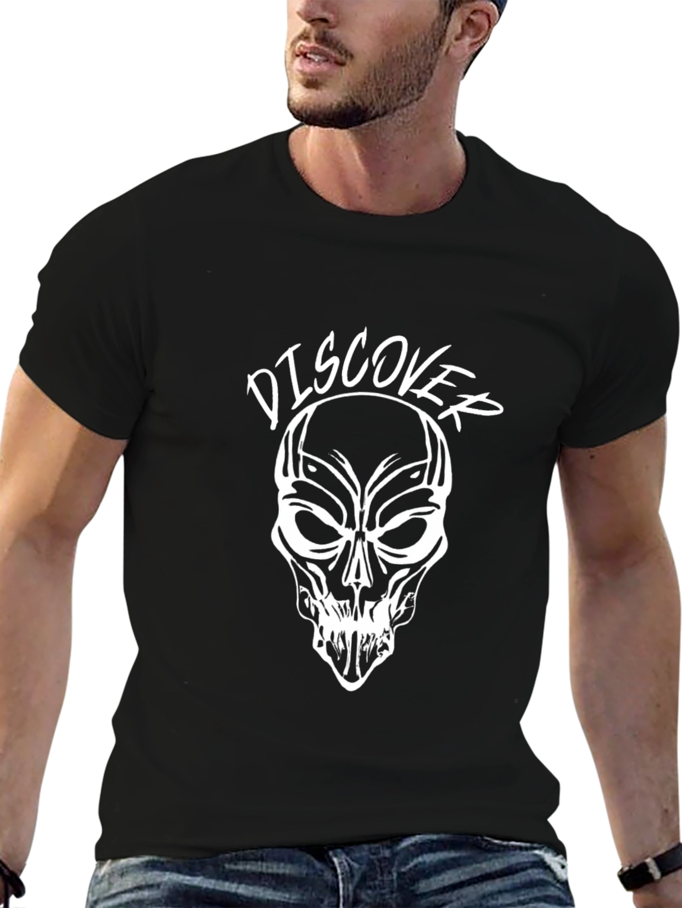 Discover Skull Graphic Tee - Black Cotton T-Shirt