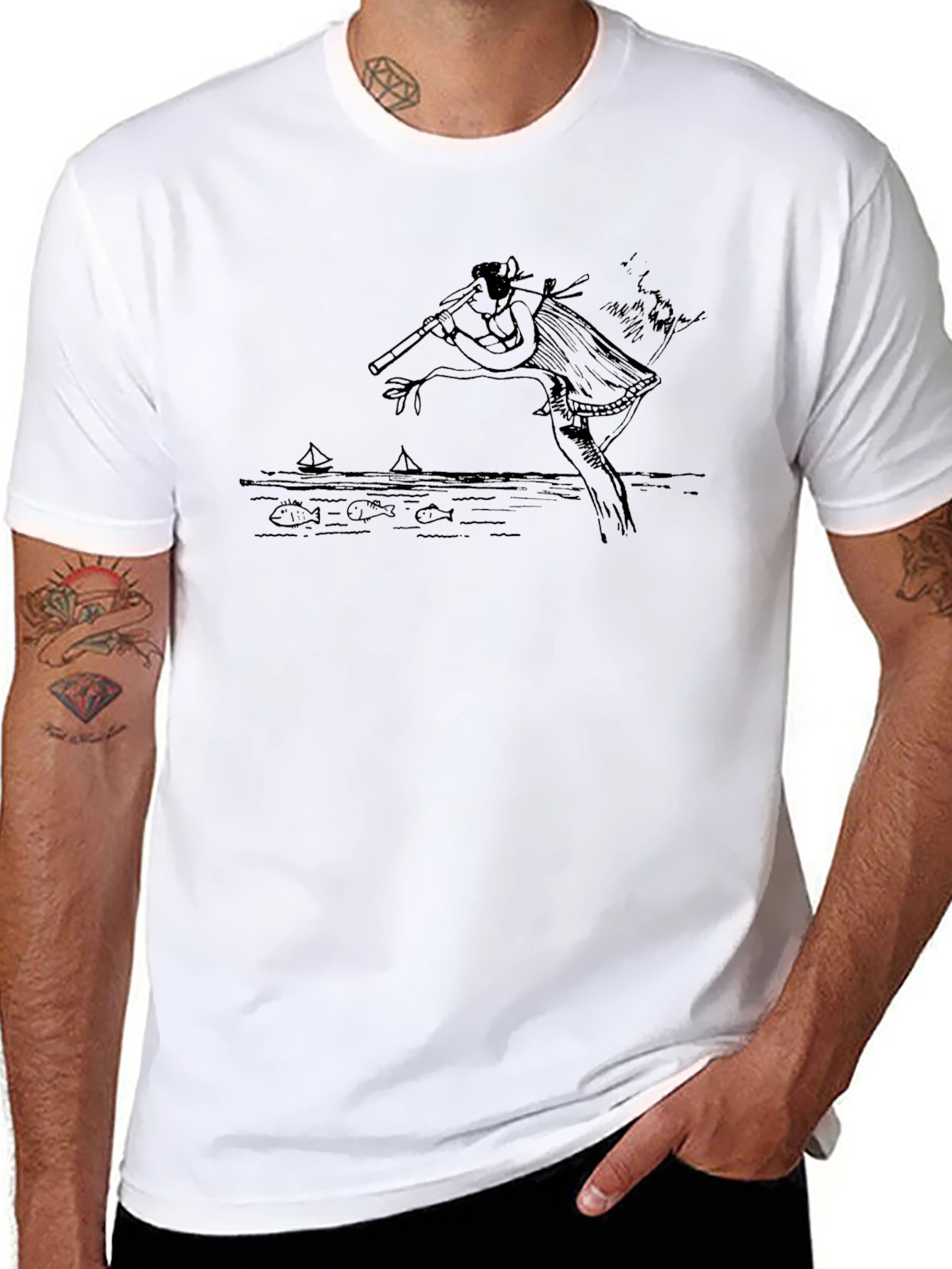 Black Graphic Tee: Native American Flute Player Design