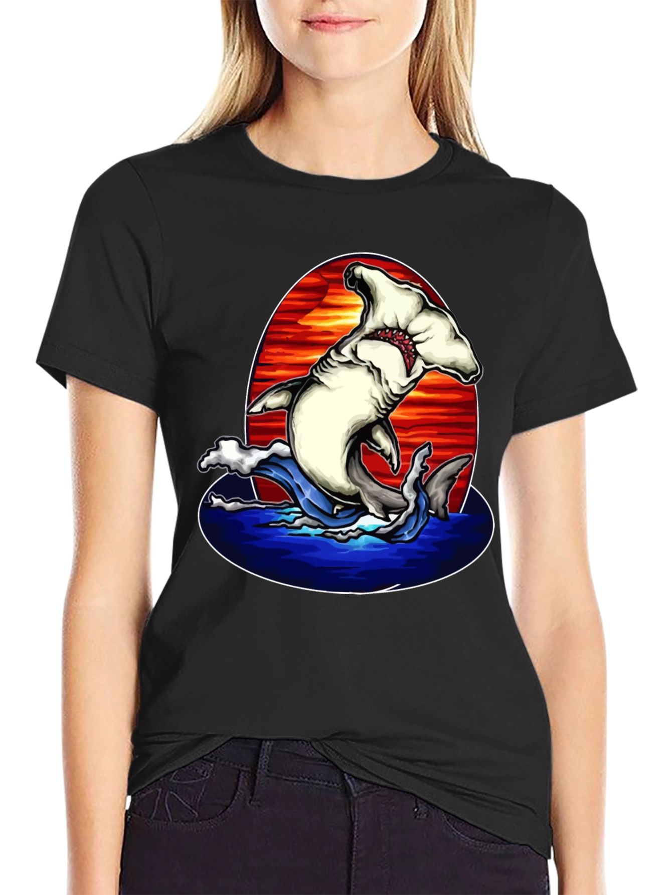 Hammerhead Shark Graphic Print Black T-Shirt