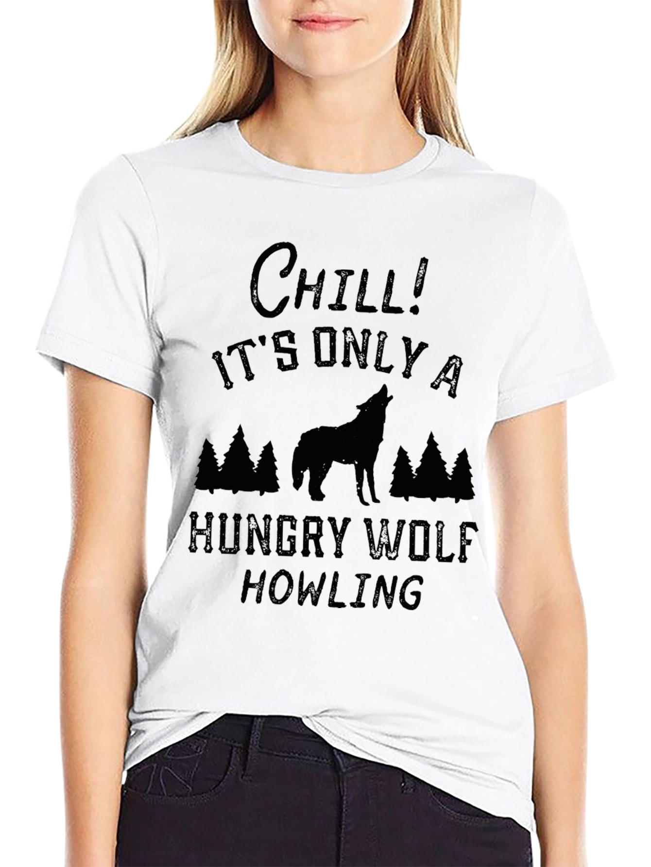 Chill Hungry Wolf Howling Black Graphic Tee