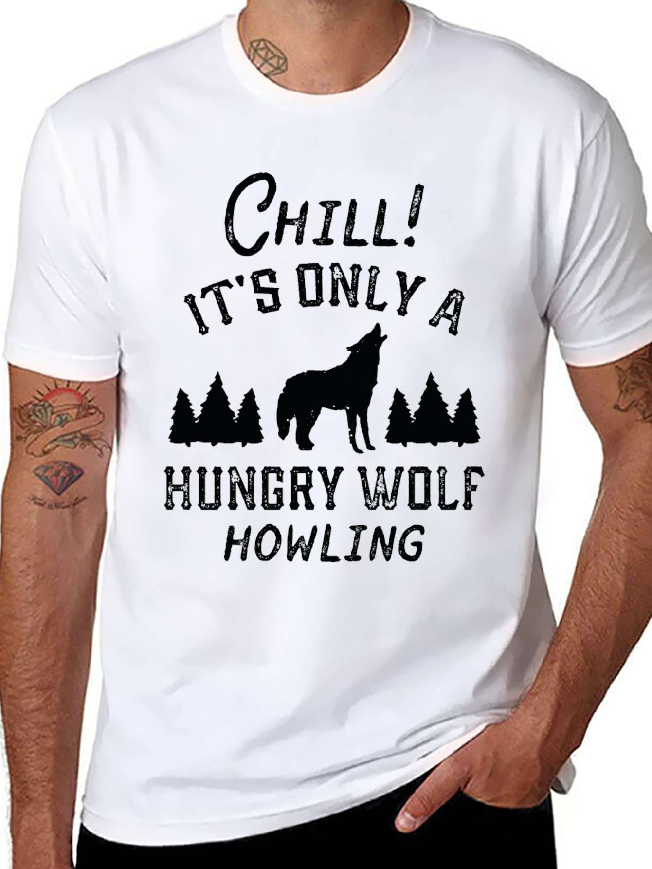 Chill Hungry Wolf Howling Black Graphic Tee