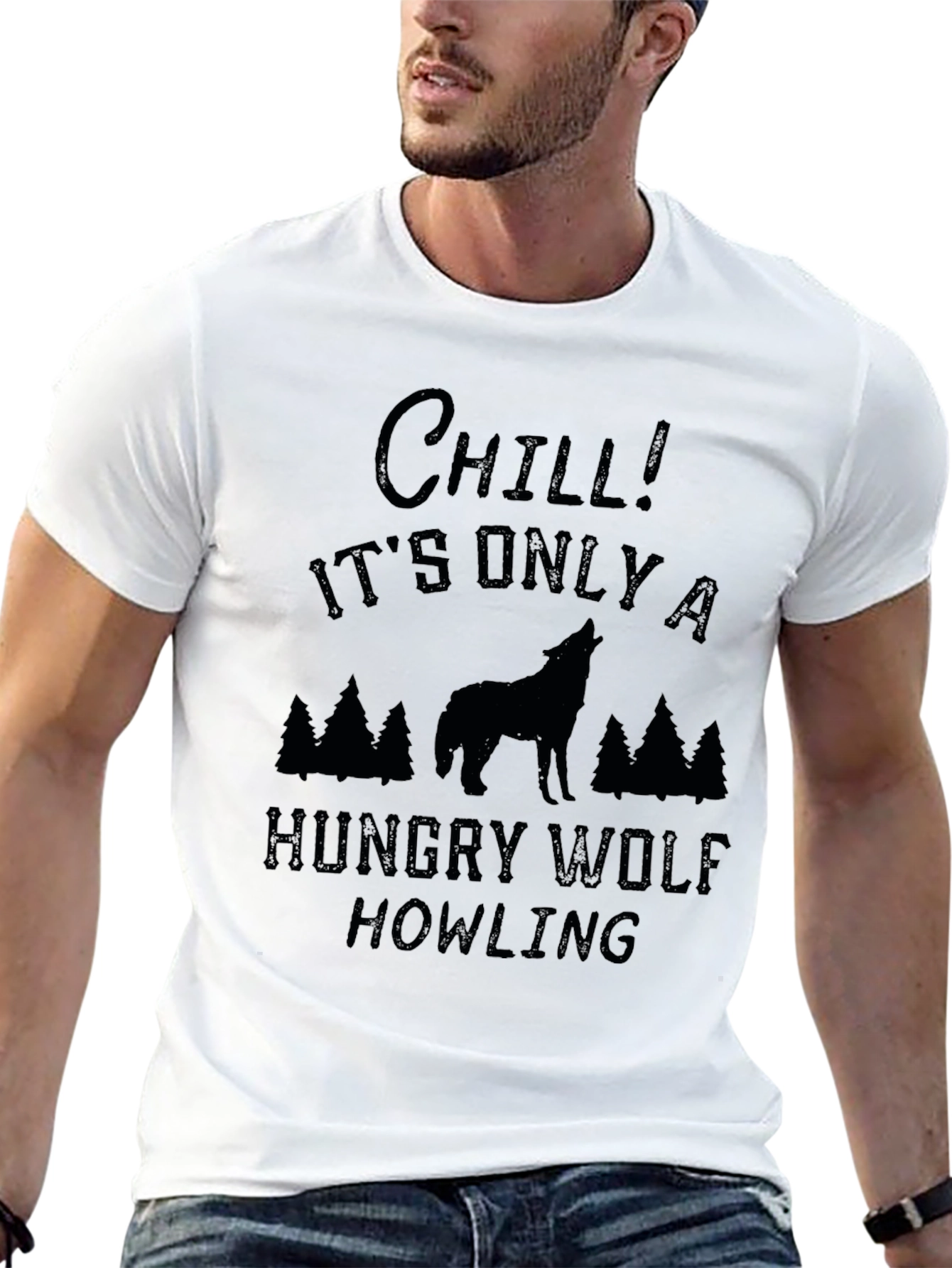 Chill Hungry Wolf Howling Black Graphic Tee