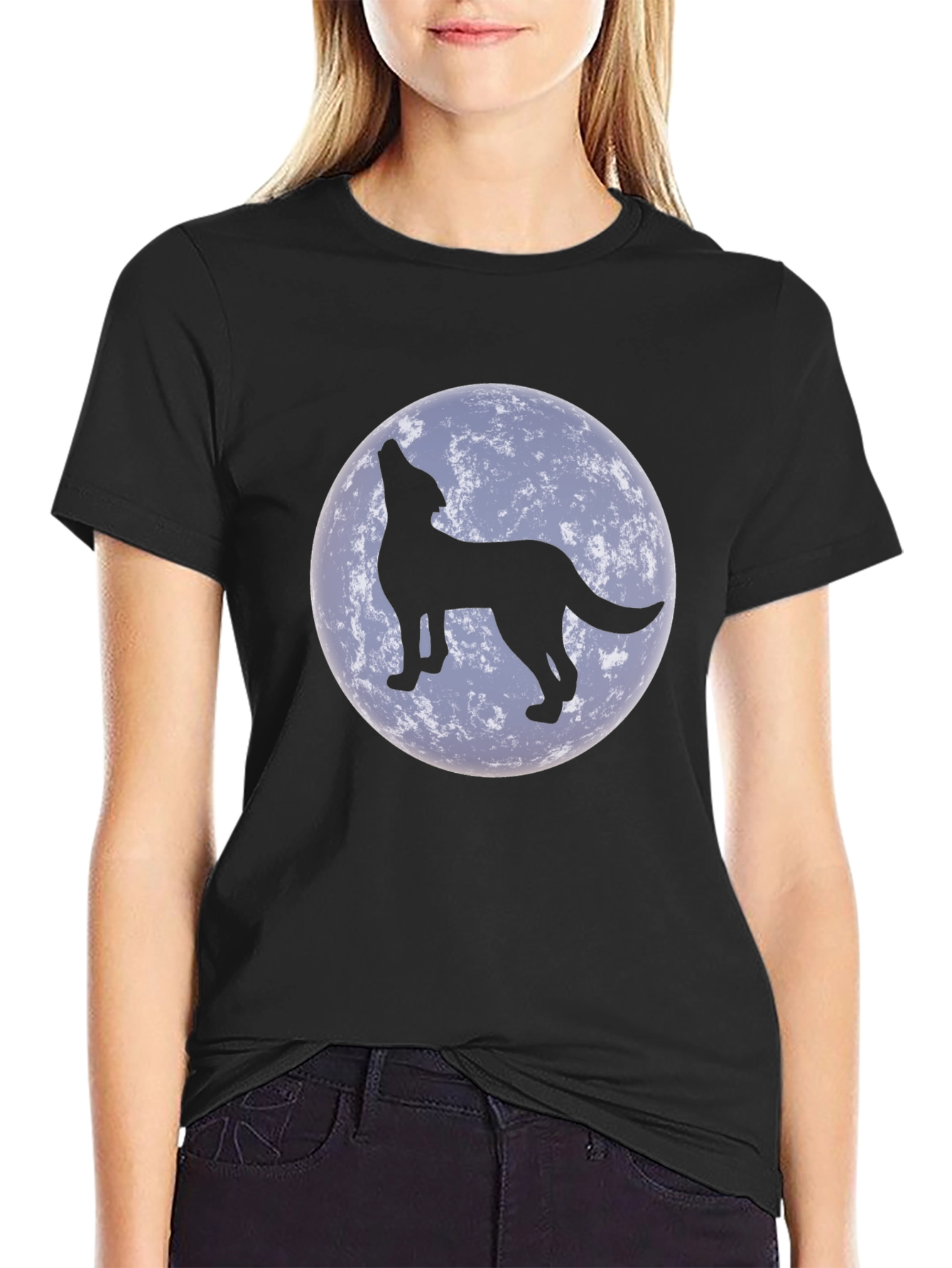 Wolf Howling at Moon Black T-Shirt