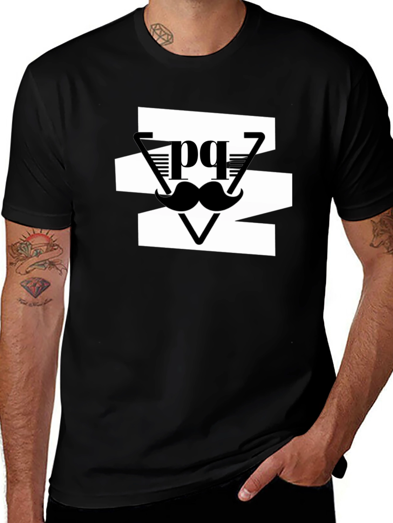 Stylish Mens Black Graphic Tee - Mustache Design