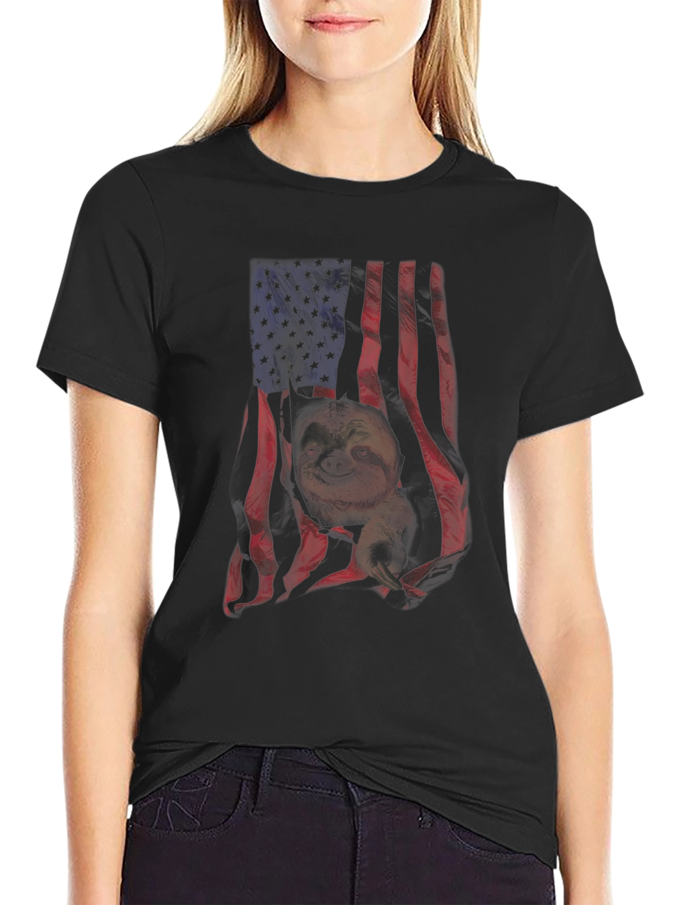 Sloth American Flag Graphic T-Shirt