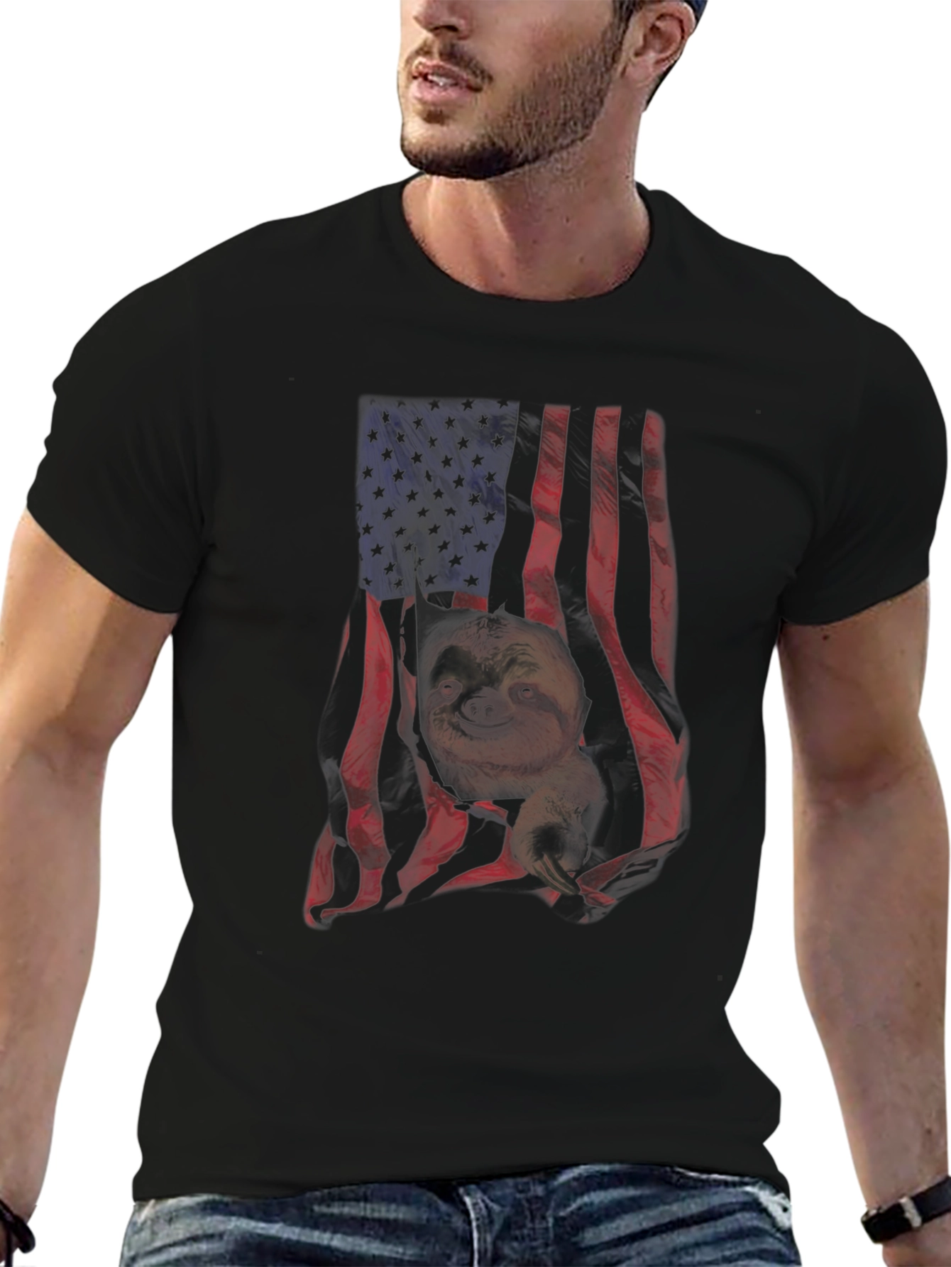 Sloth American Flag Graphic T-Shirt
