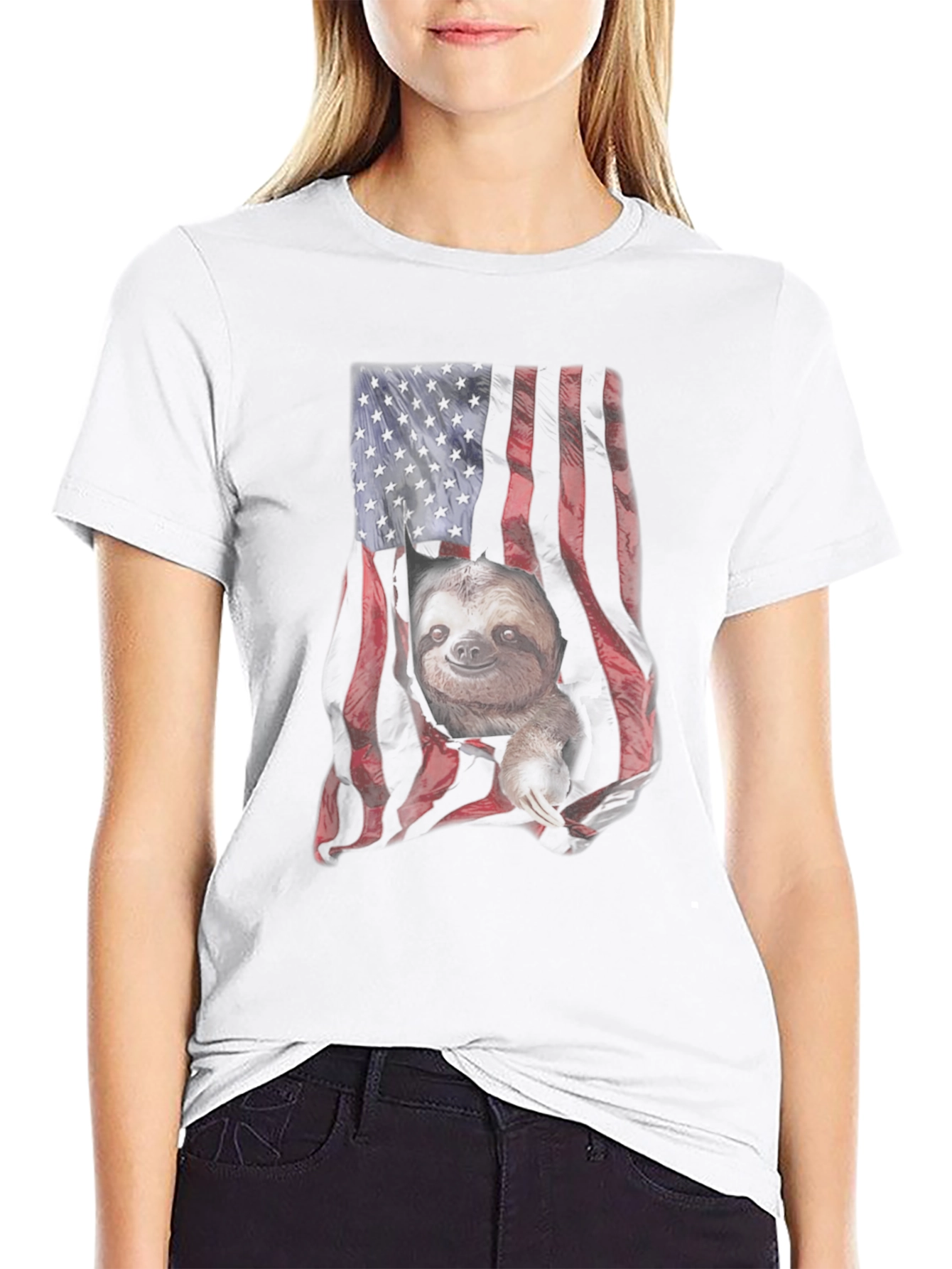 Sloth American Flag Graphic T-Shirt