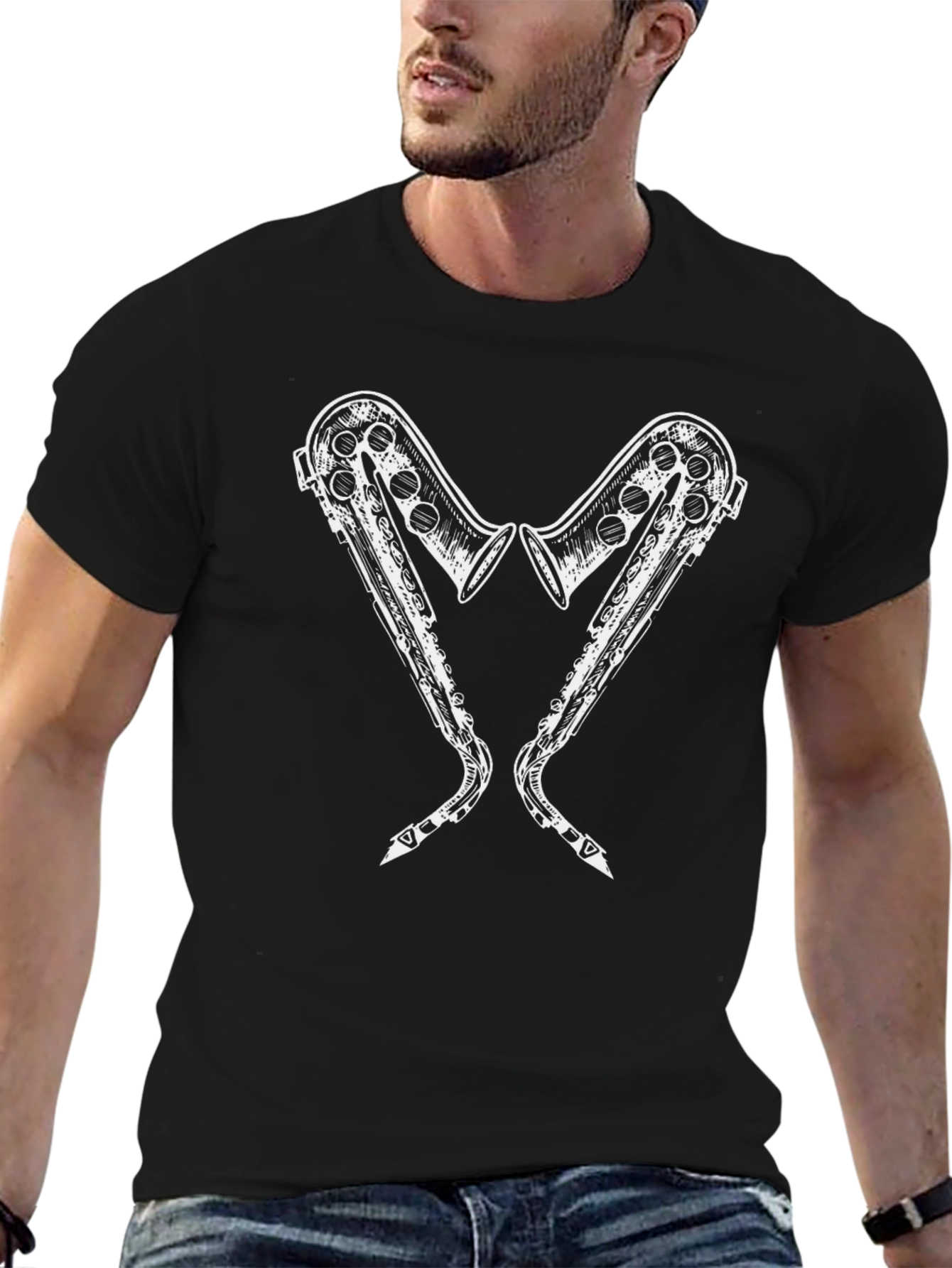 Saxophone Heart Graphic Tee - Black Cotton