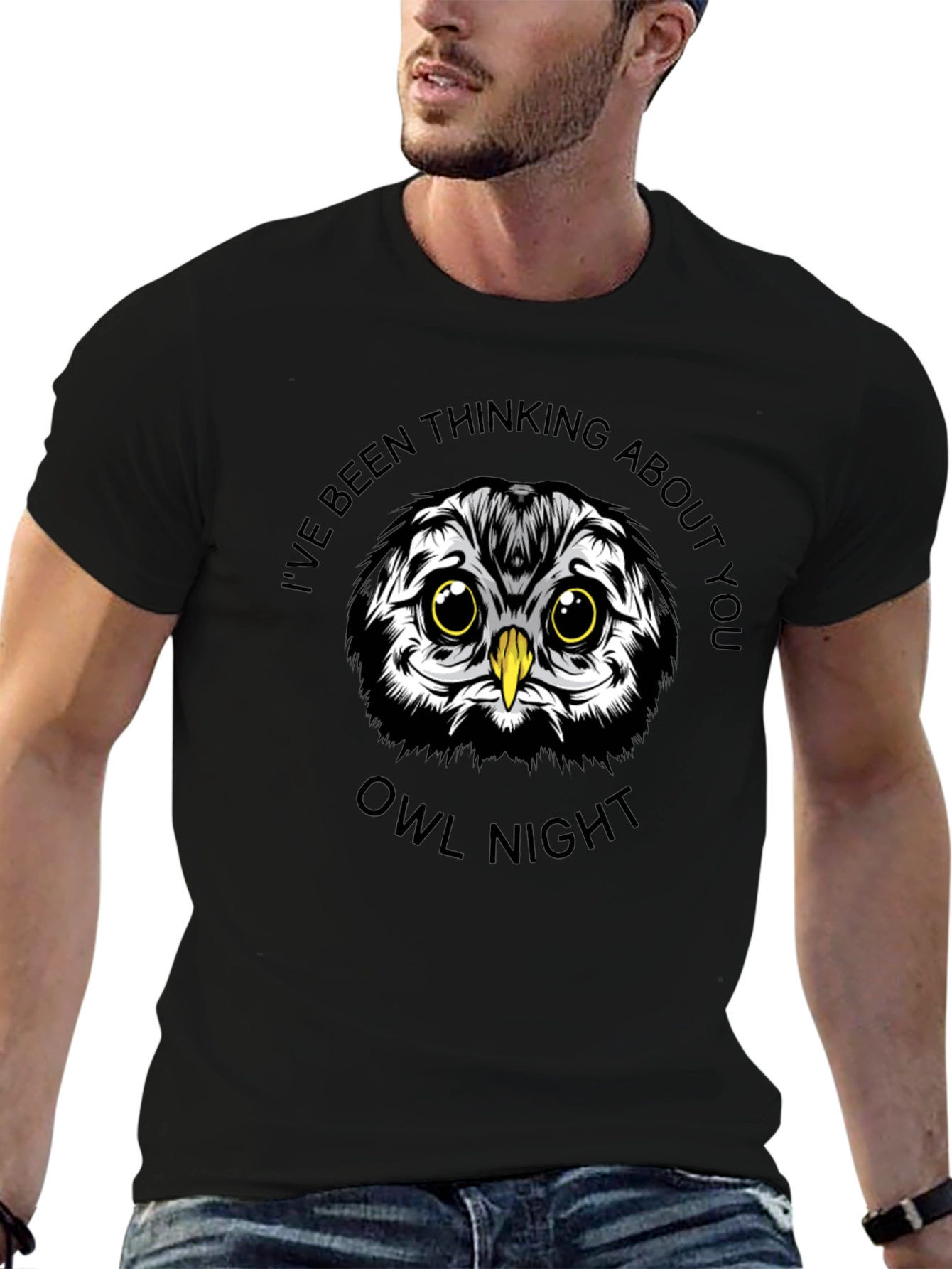 Owl Night Graphic Print Black T-Shirt