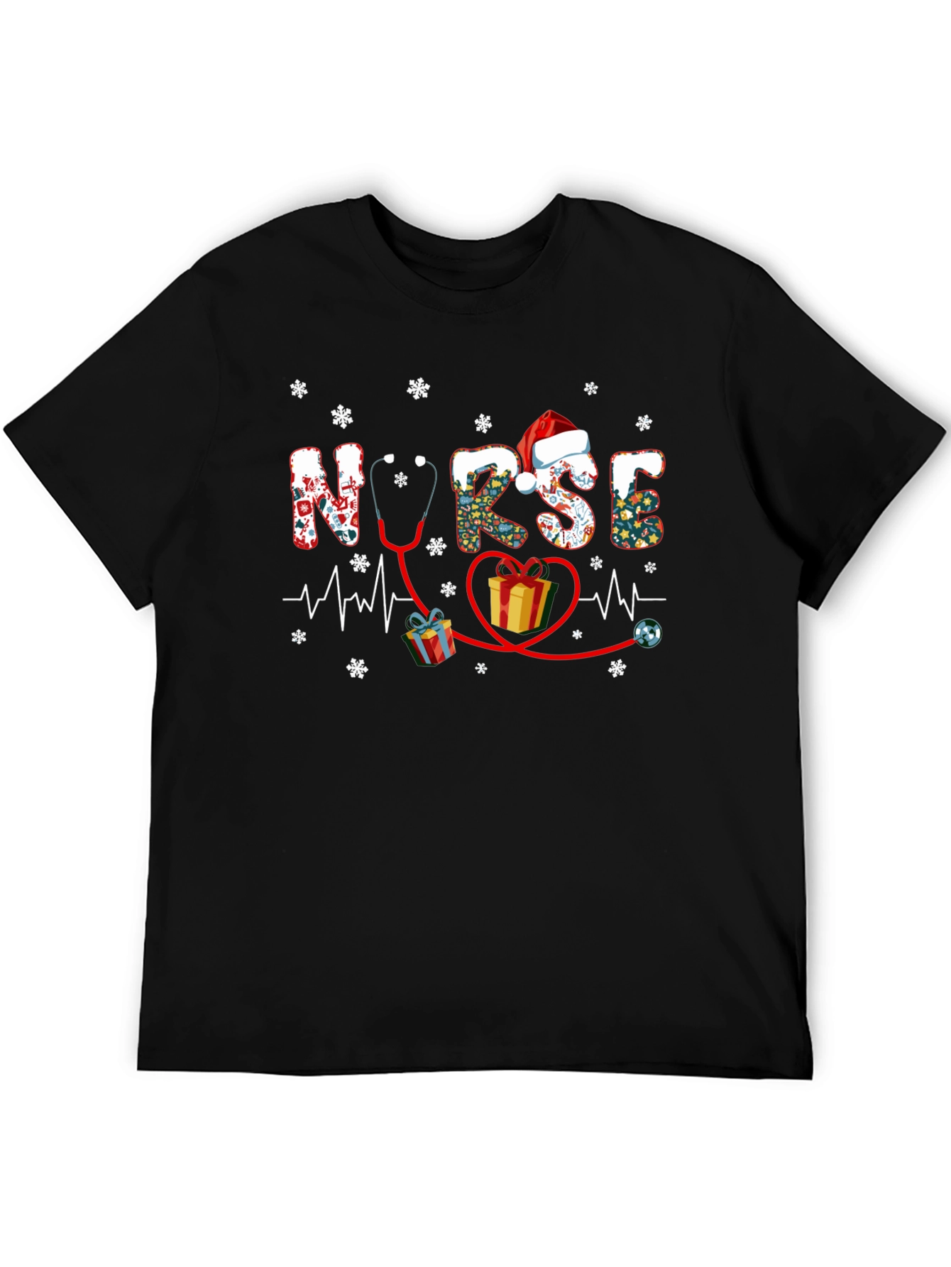 Festive Nurse Christmas T-Shirt - Holiday Stethoscope Heartbeat Design