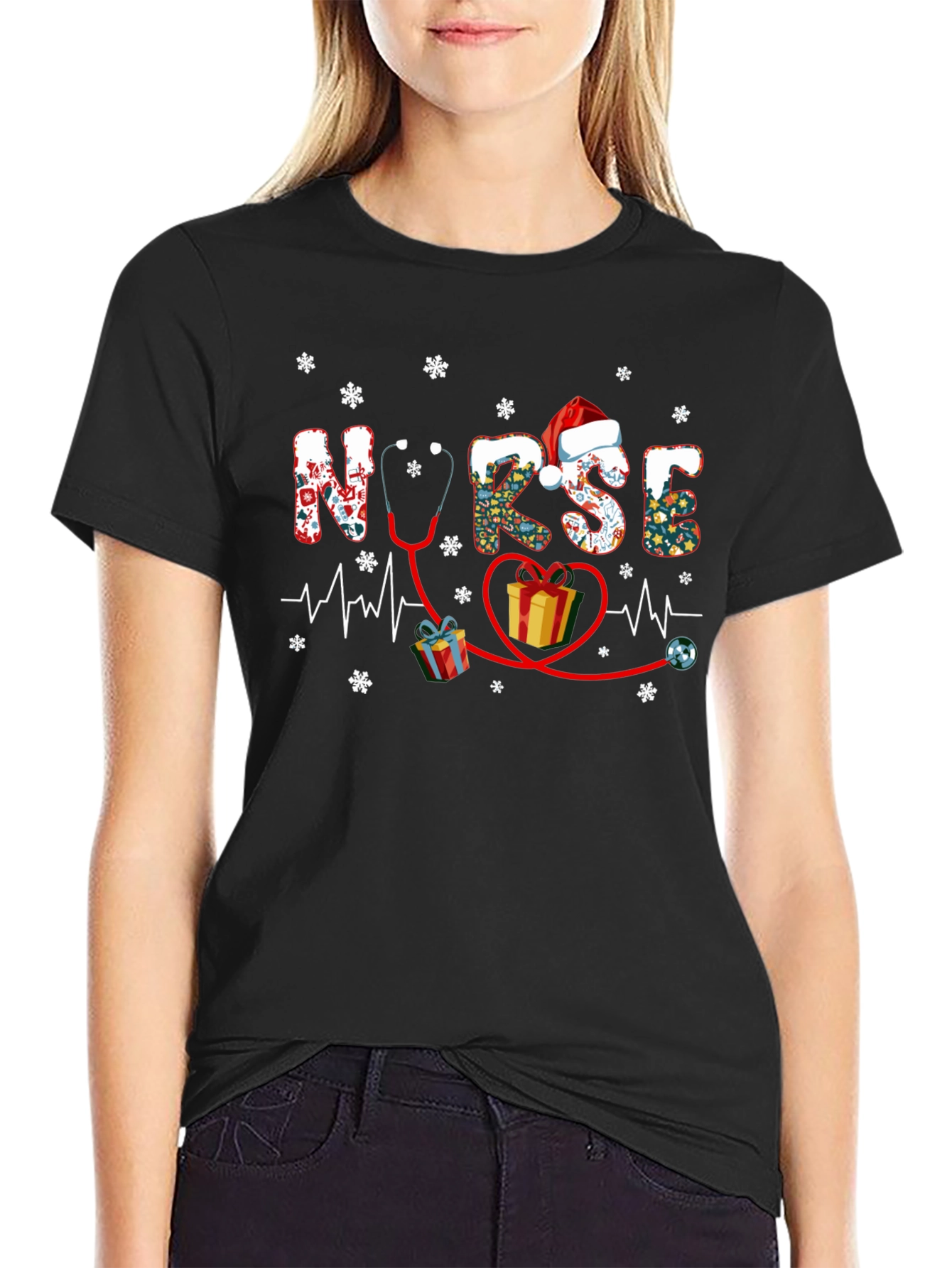 Festive Nurse Christmas T-Shirt - Holiday Stethoscope Heartbeat Design