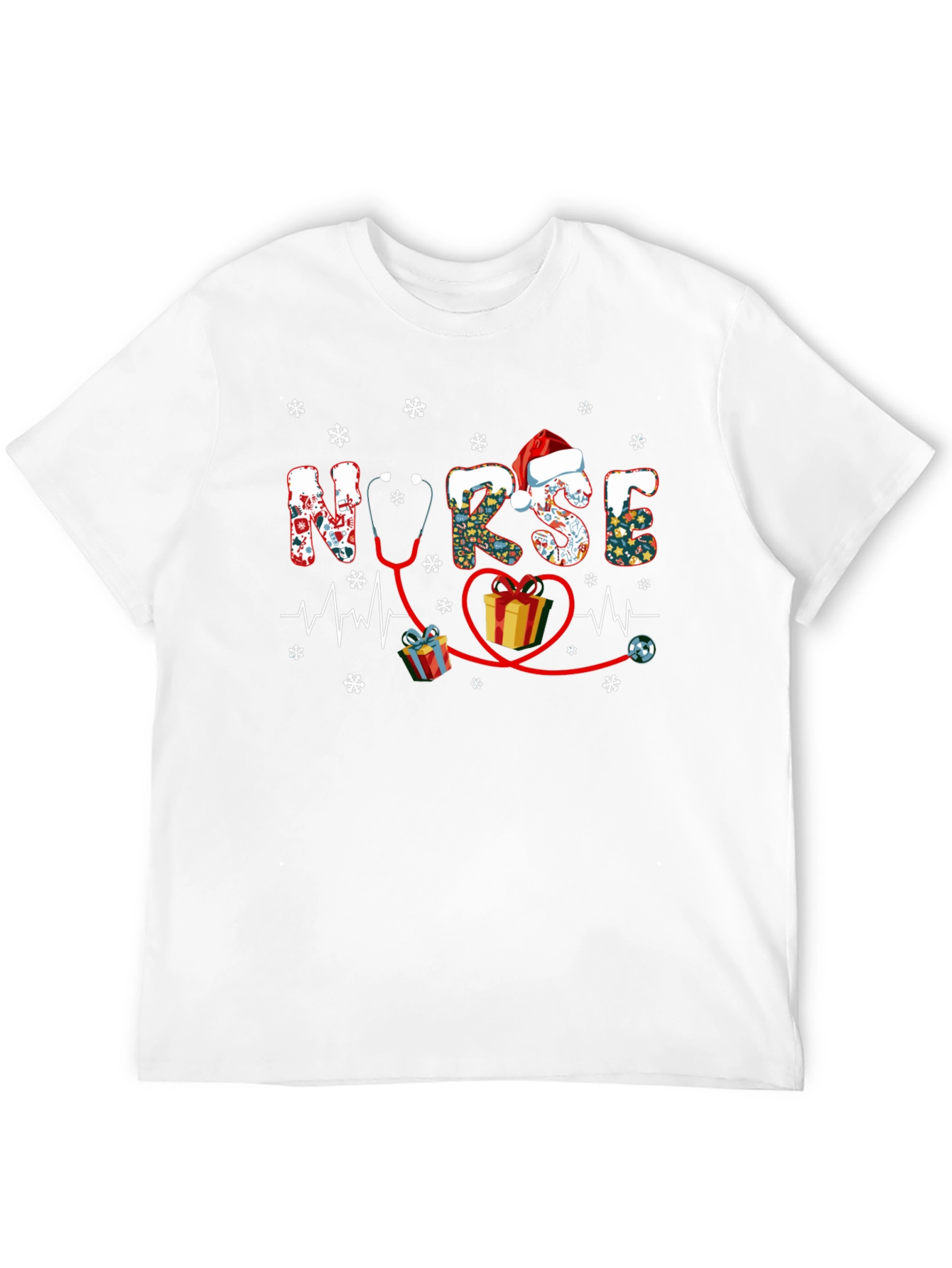 Festive Nurse Christmas T-Shirt - Holiday Stethoscope Heartbeat Design