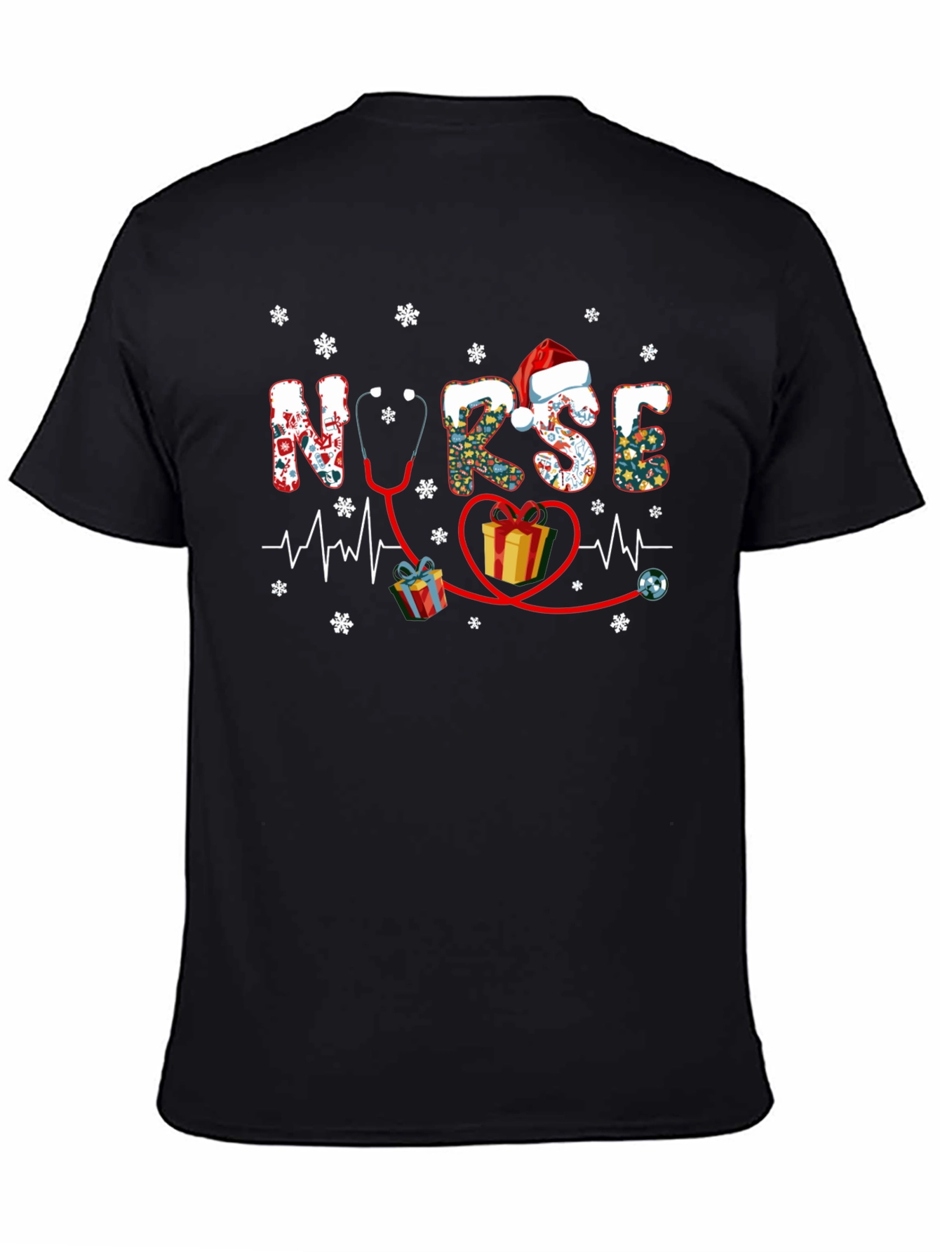 Festive Nurse Christmas T-Shirt - Holiday Stethoscope Heartbeat Design