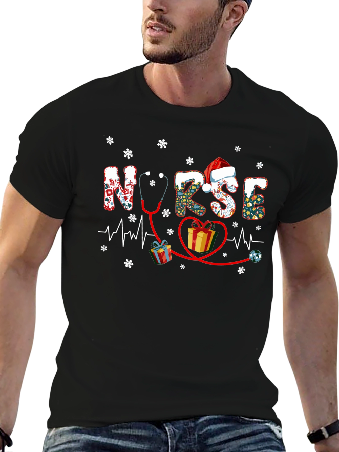Festive Nurse Christmas T-Shirt - Holiday Stethoscope Heartbeat Design
