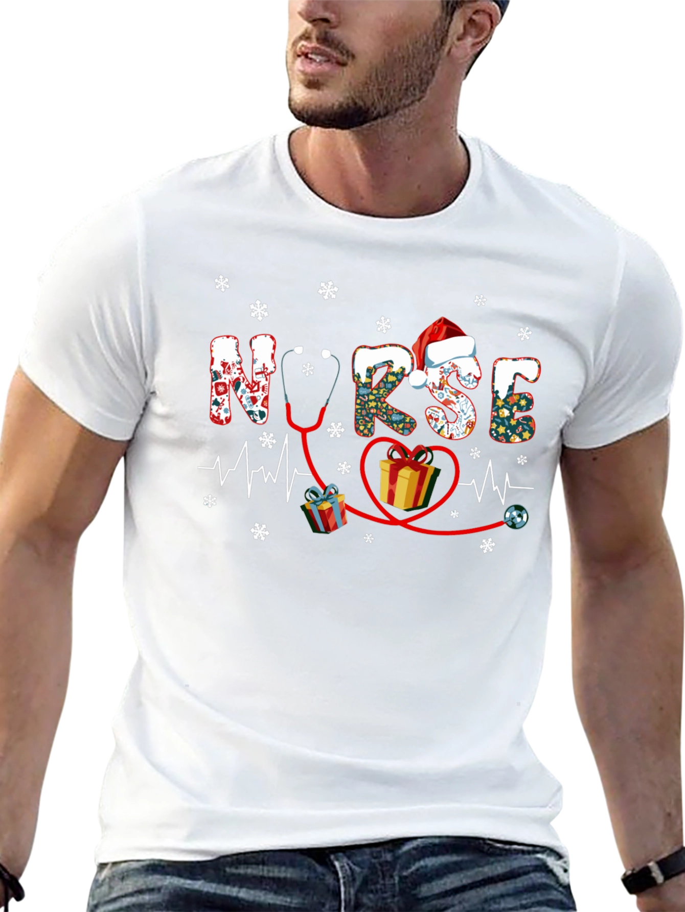Festive Nurse Christmas T-Shirt - Holiday Stethoscope Heartbeat Design