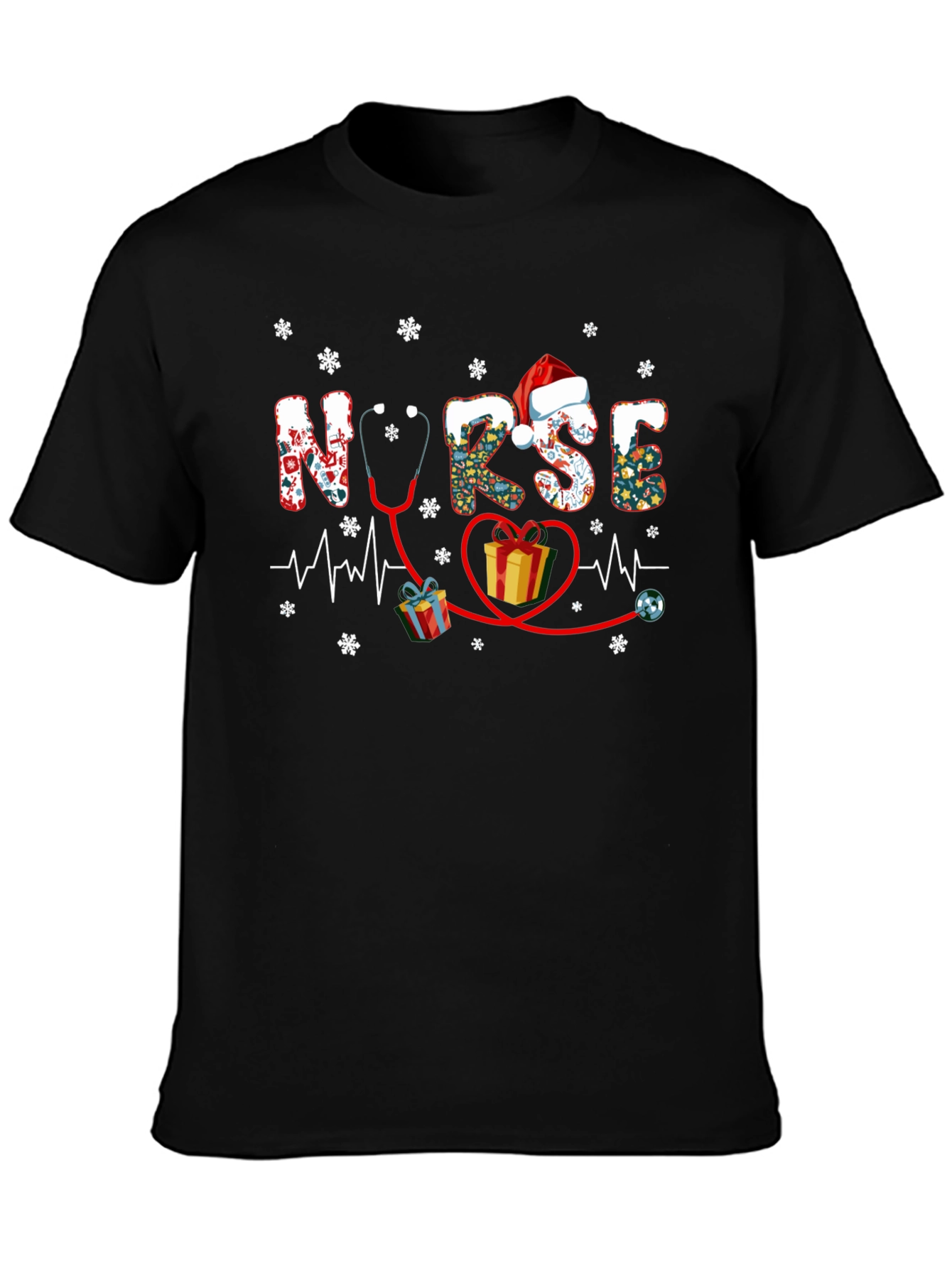 Festive Nurse Christmas T-Shirt - Holiday Stethoscope Heartbeat Design