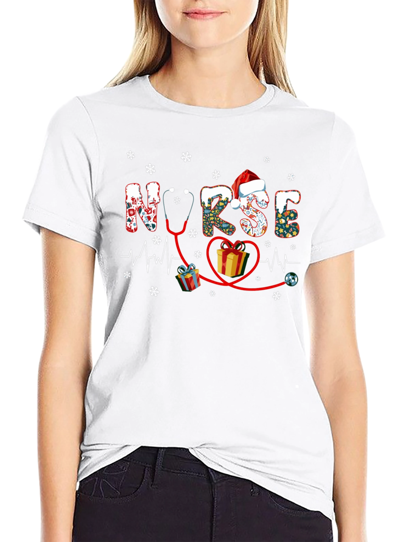 Festive Nurse Christmas T-Shirt - Holiday Stethoscope Heartbeat Design