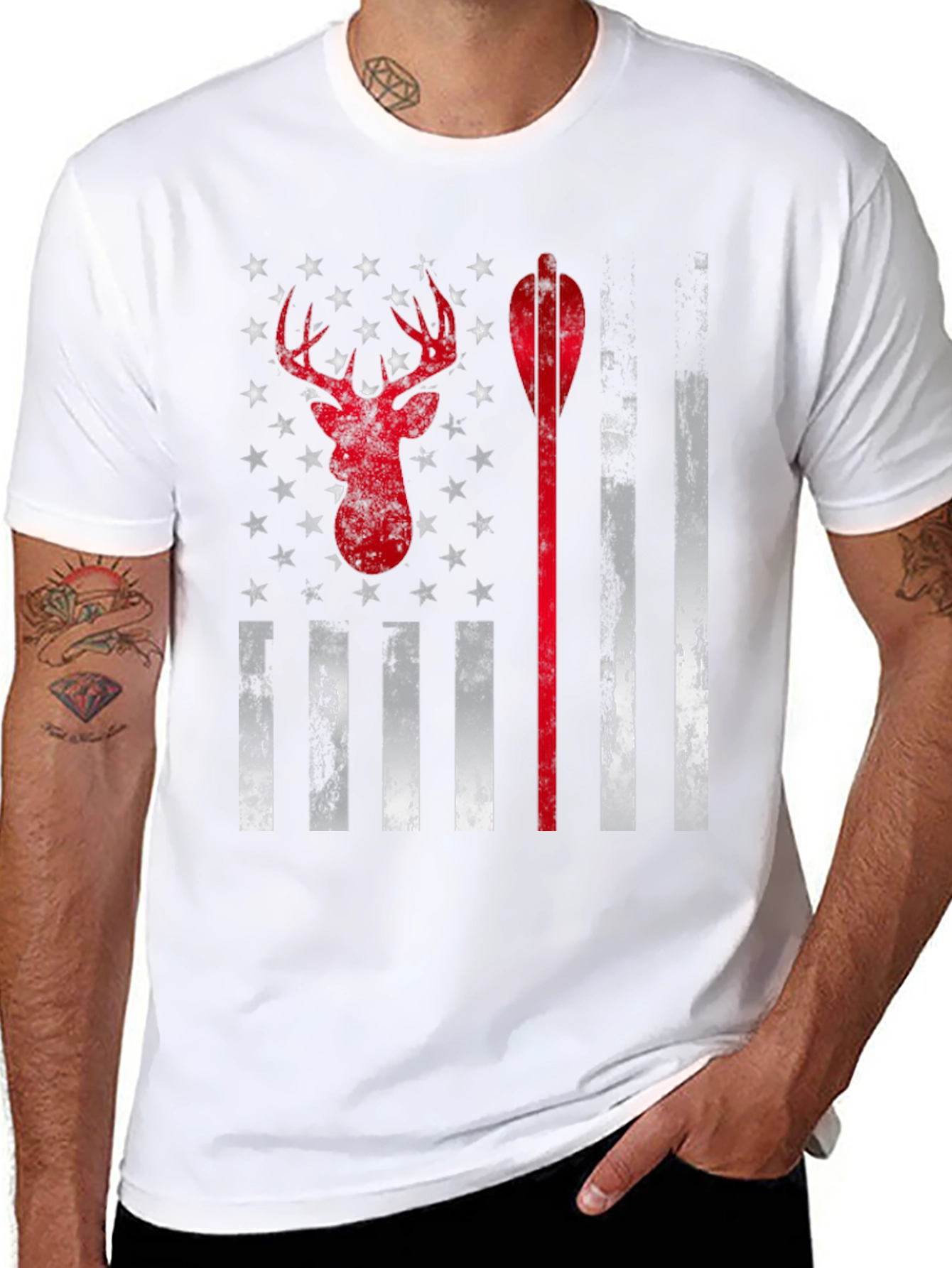 Hunting Deer Arrow American Flag Graphic T-Shirt