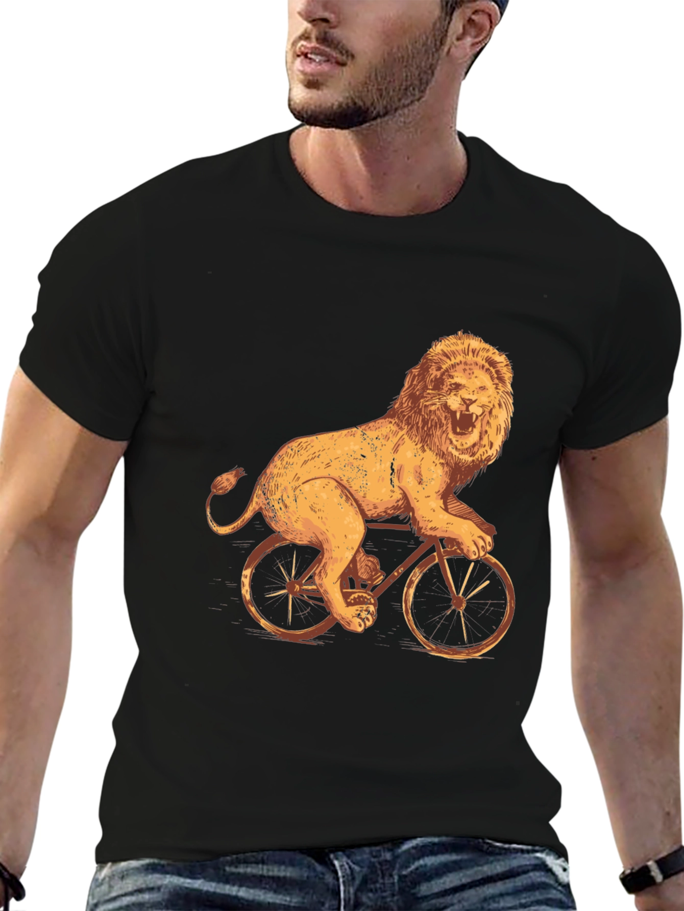 Lion Riding Bike Graphic Tee - Cool Black T-Shirt