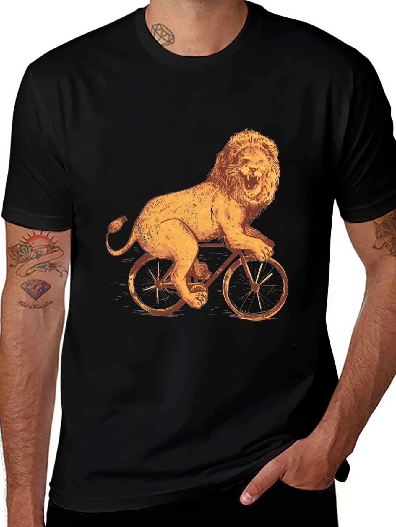 Lion Riding Bike Graphic Tee - Cool Black T-Shirt