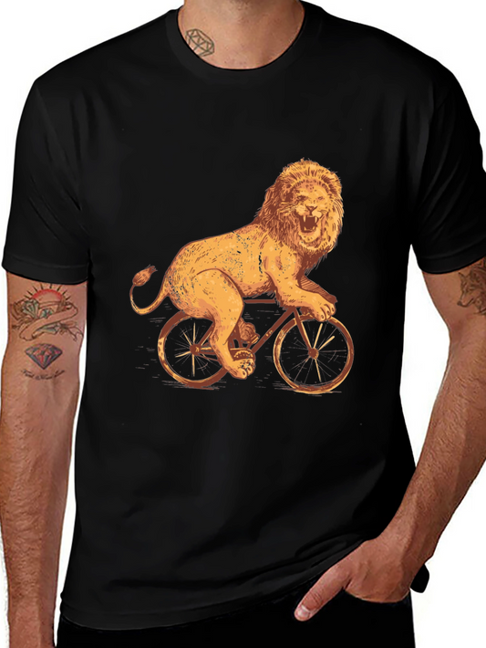 Lion Riding Bike Graphic Tee - Cool Black T-Shirt
