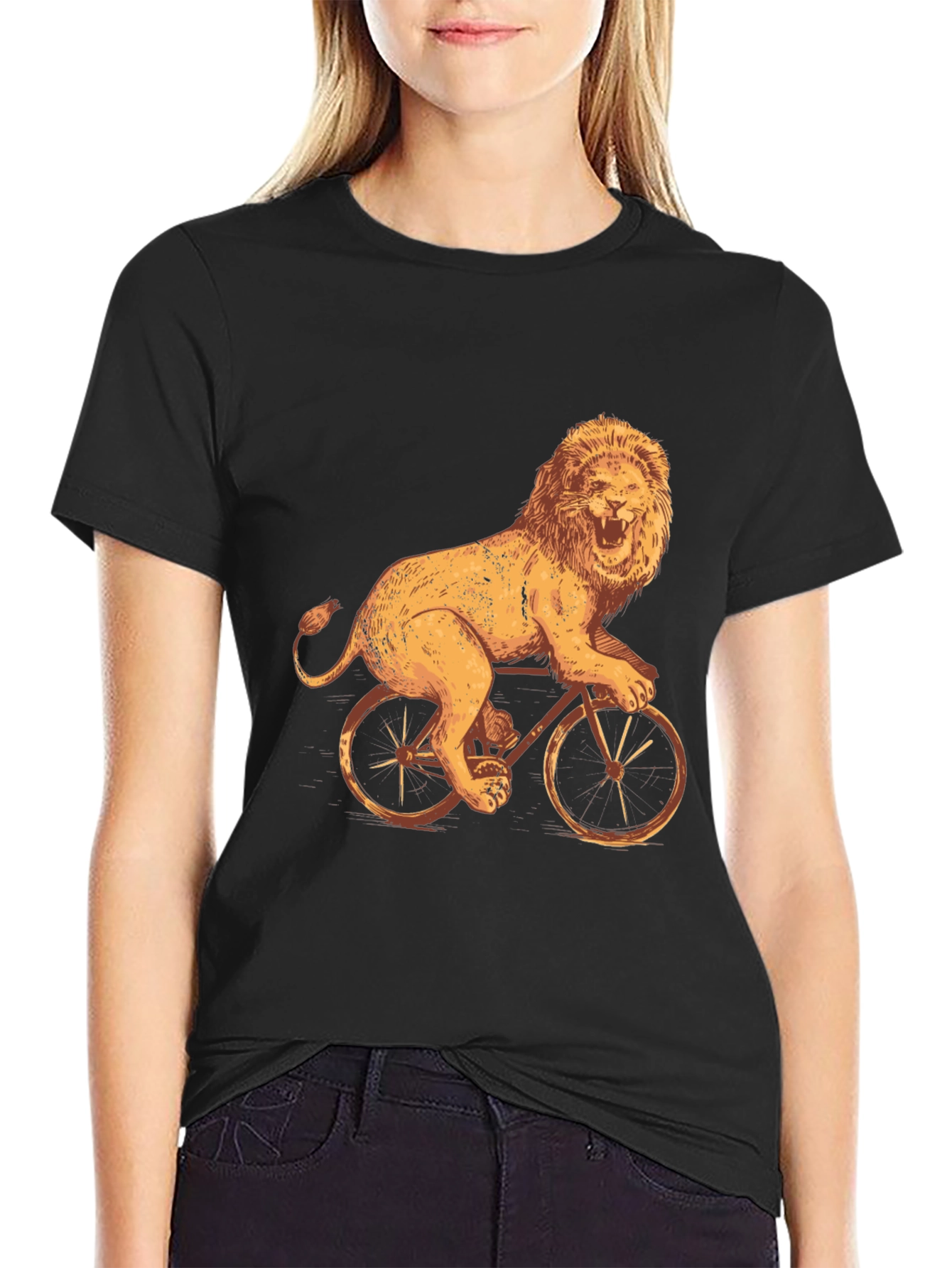 Lion Riding Bike Graphic Tee - Cool Black T-Shirt