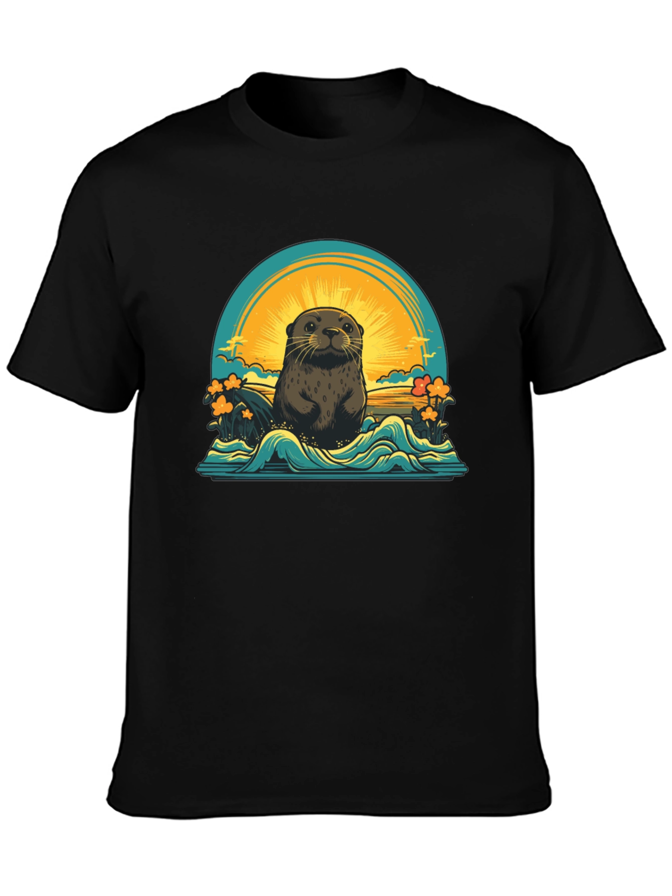 Otter Sunset Graphic T-Shirt - Black