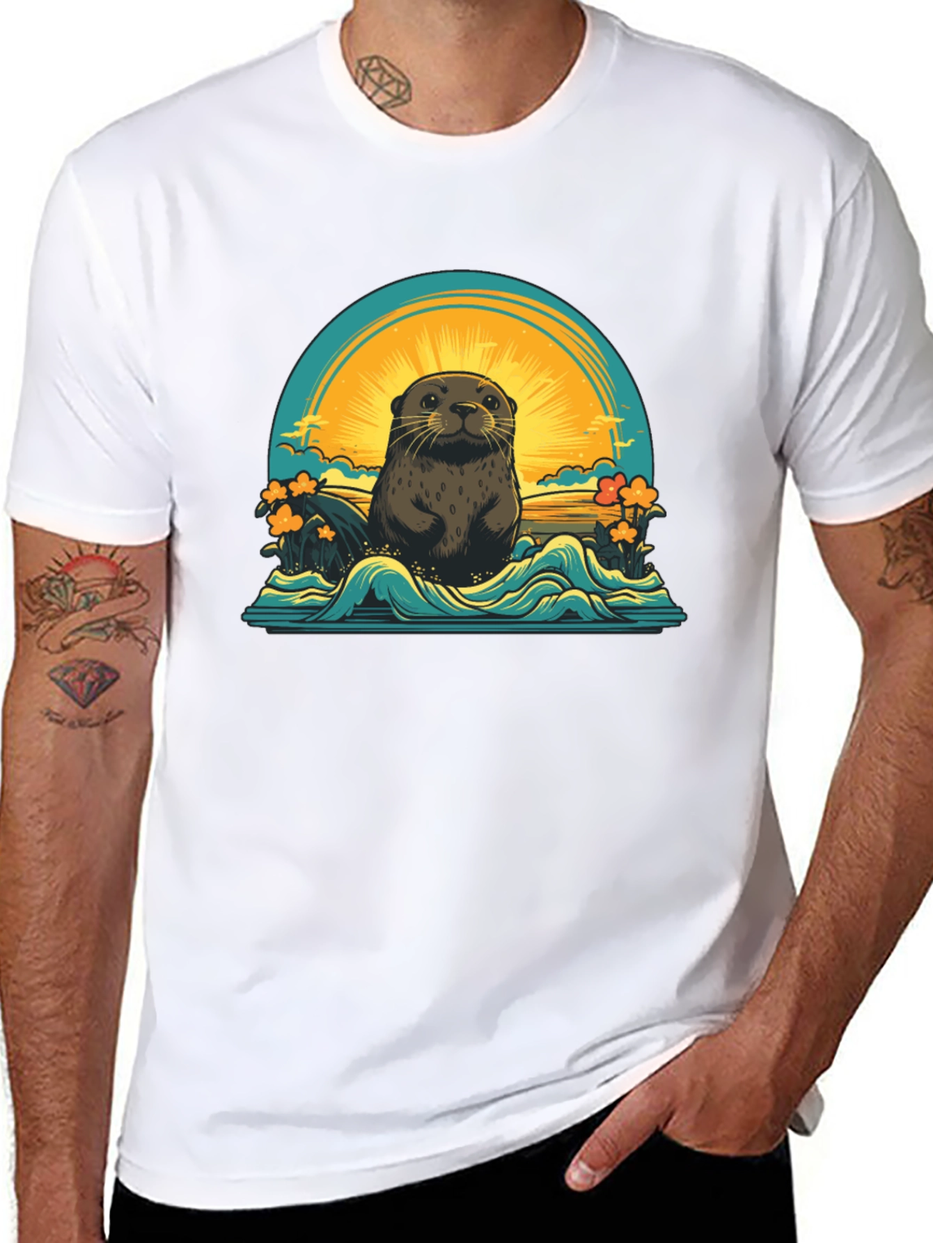 Otter Sunset Graphic T-Shirt - Black