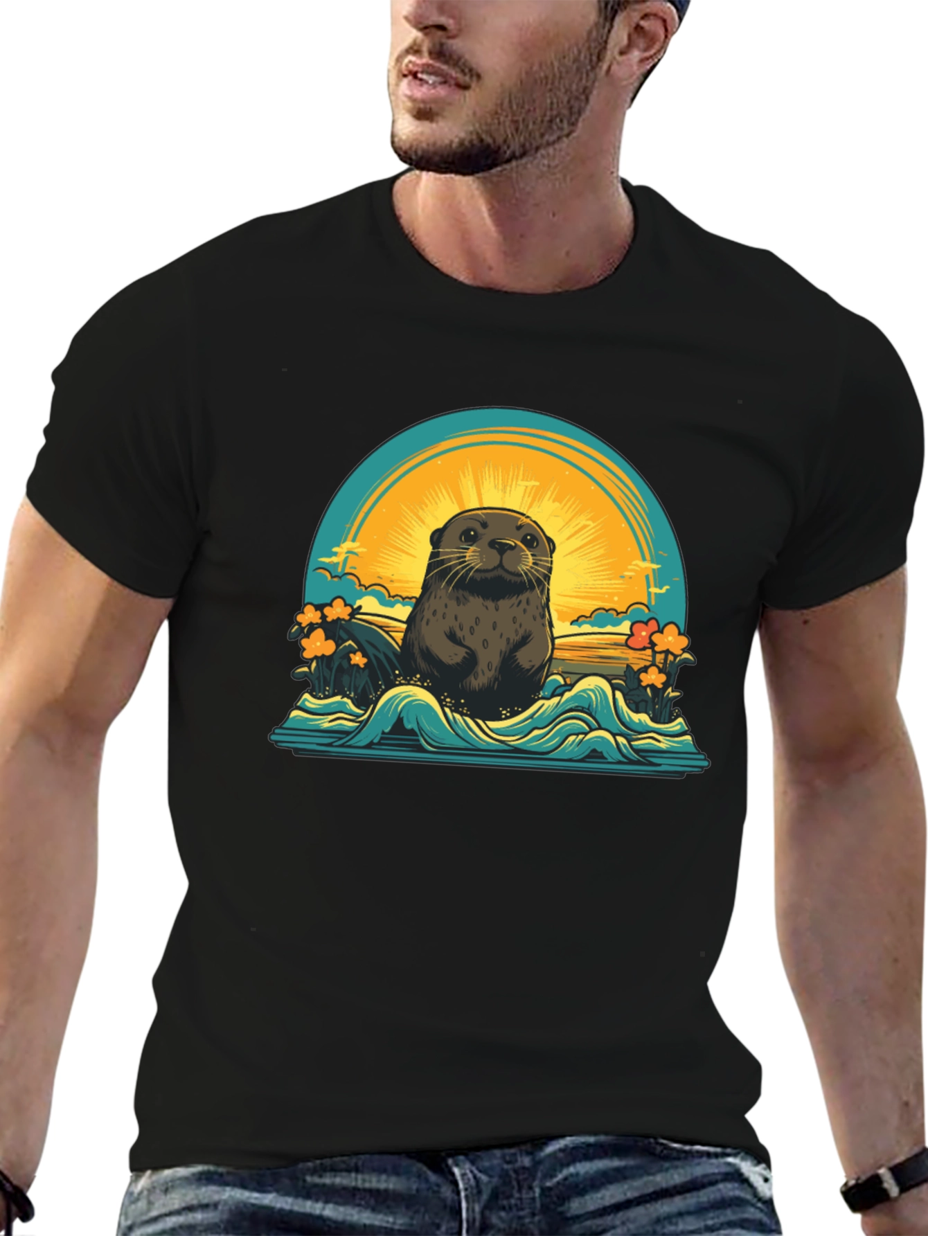 Otter Sunset Graphic T-Shirt - Black
