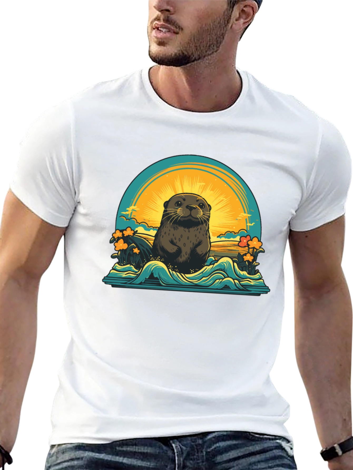 Otter Sunset Graphic T-Shirt - Black