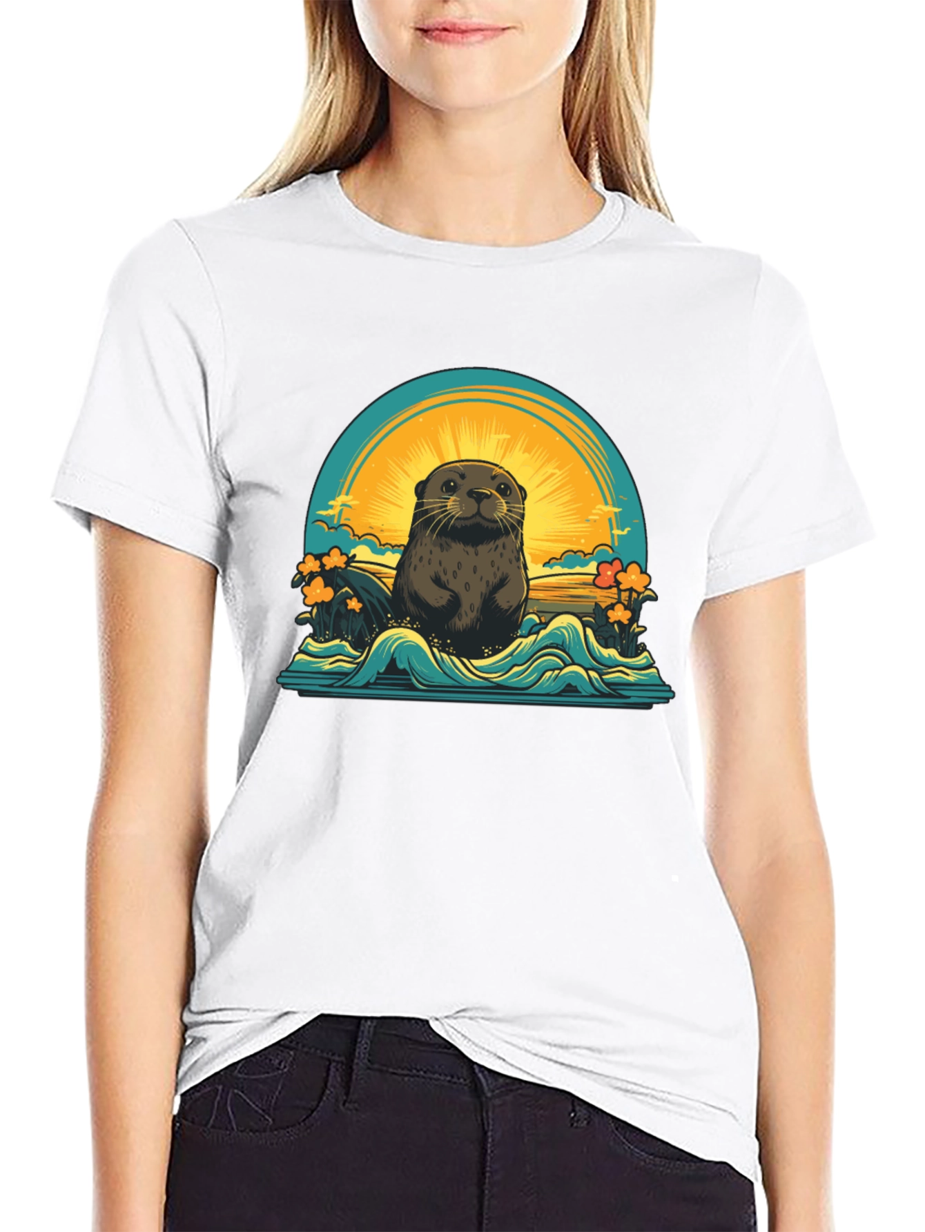 Otter Sunset Graphic T-Shirt - Black