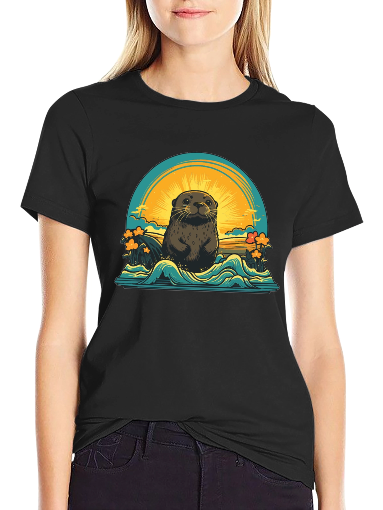 Otter Sunset Graphic T-Shirt - Black
