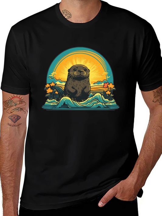 Otter Sunset Graphic T-Shirt - Black