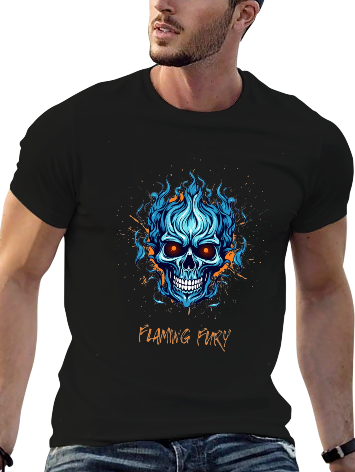 Flaming Fury Skull Graphic T-Shirt