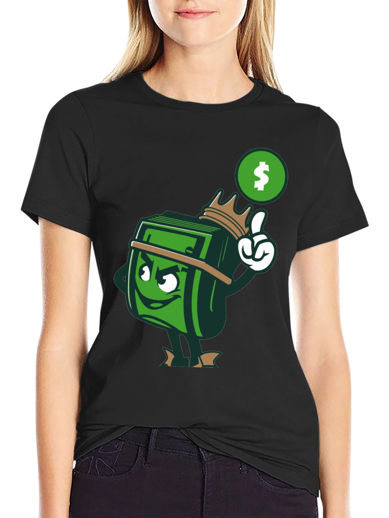 Cartoon Money Stack Graphic Print T-Shirt - Black