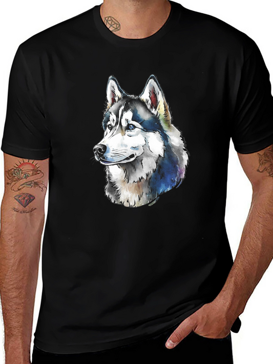 Husky Dog Watercolor Graphic Black T-Shirt