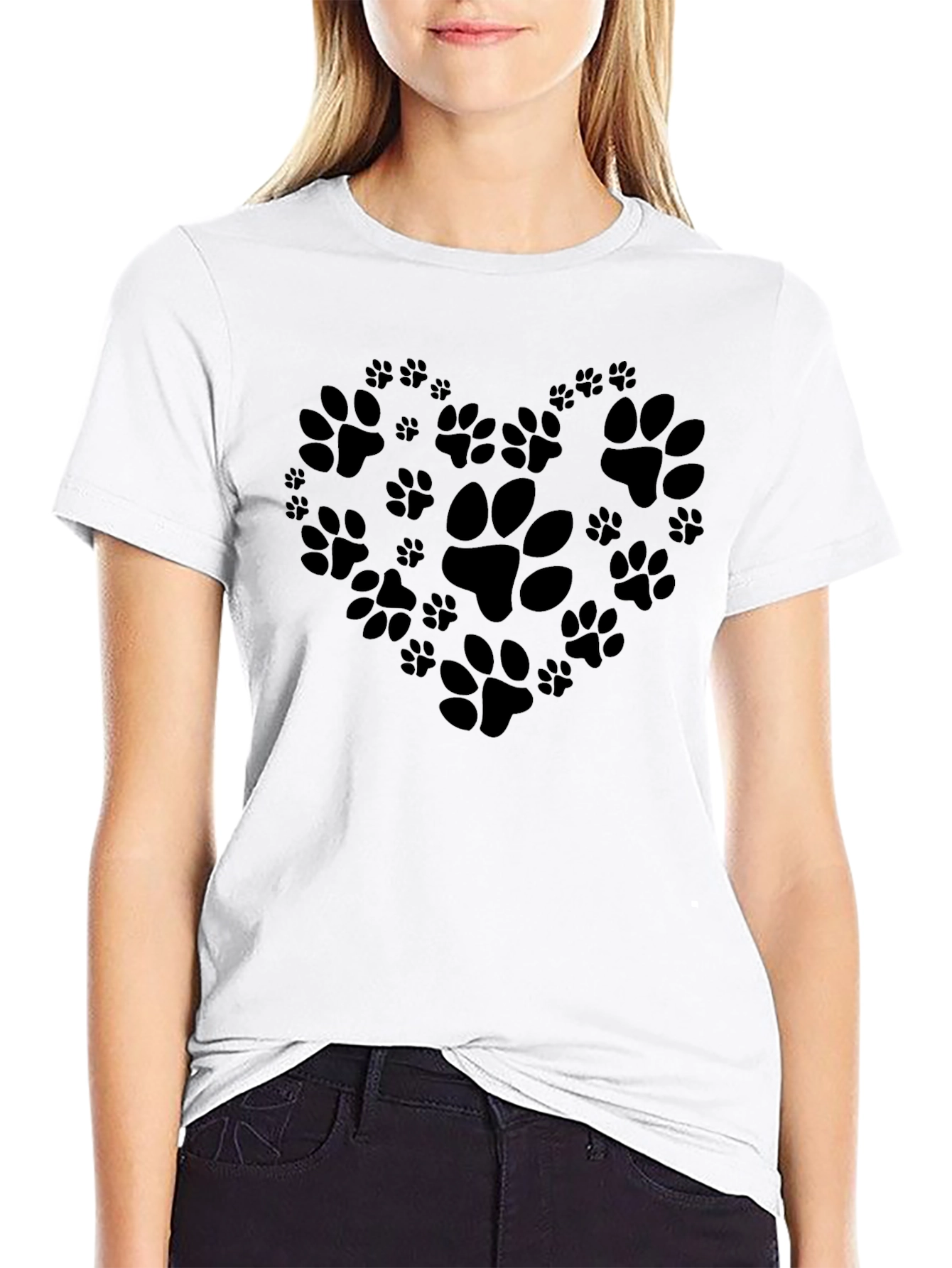 Paw Print Heart T-Shirt - Black Casual Animal Lover