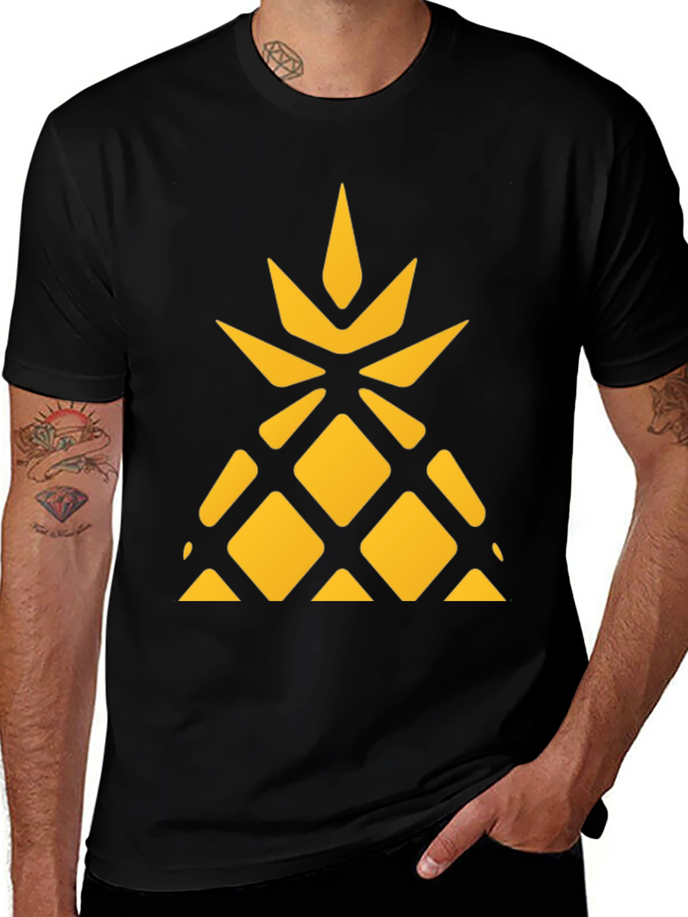 Geometric Pineapple Graphic Tee - Black Cotton Shirt