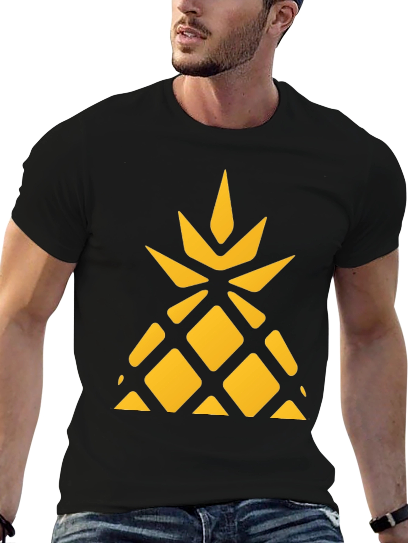 Geometric Pineapple Graphic Tee - Black Cotton Shirt