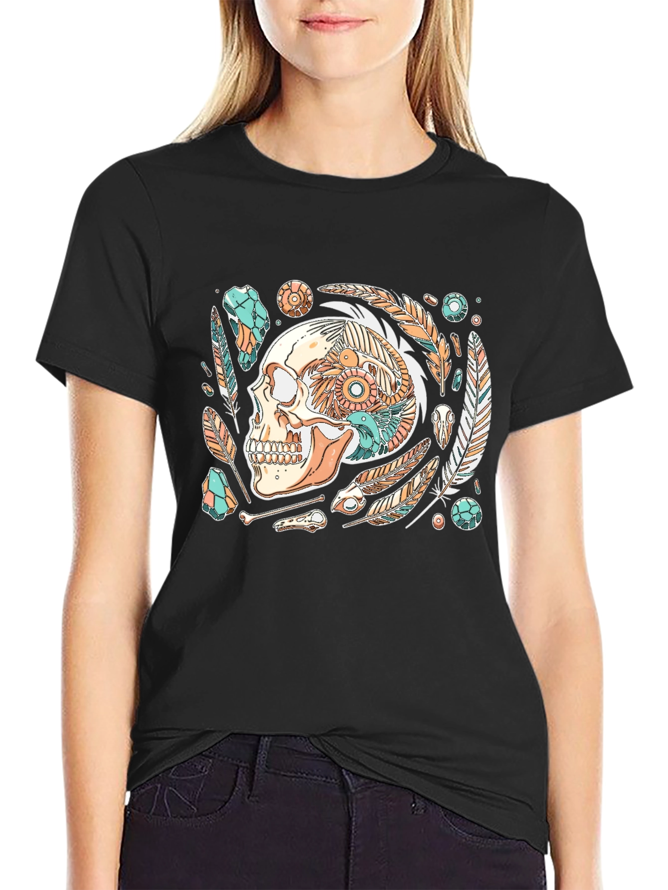 Skull & Feather Graphic Print Black T-Shirt