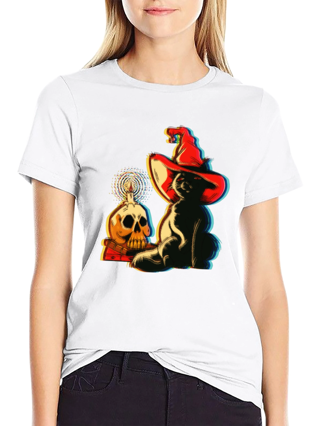 Spooky Cat & Skull Graphic Tee - Halloween Vibes!