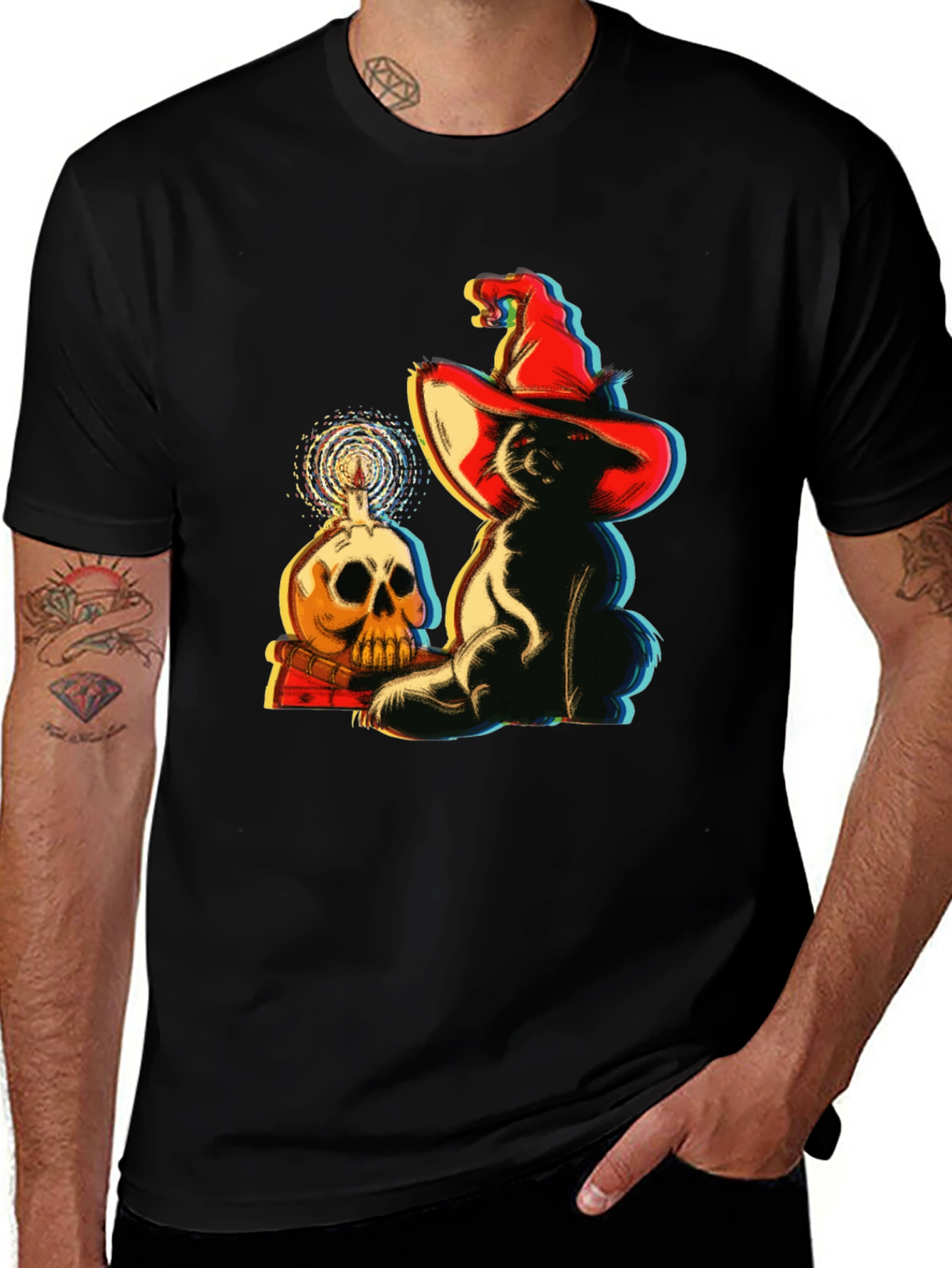 Spooky Cat & Skull Graphic Tee - Halloween Vibes!