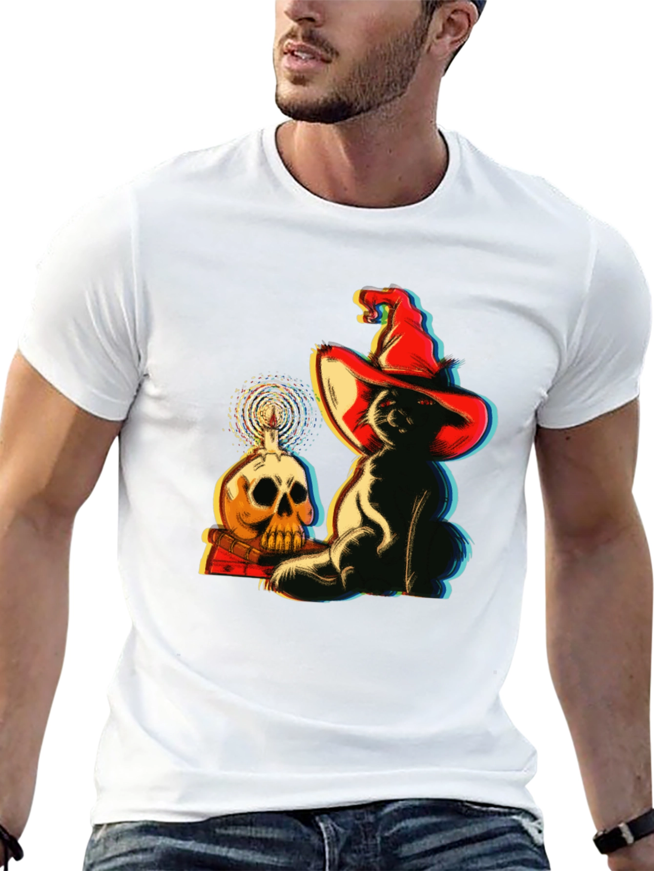 Spooky Cat & Skull Graphic Tee - Halloween Vibes!