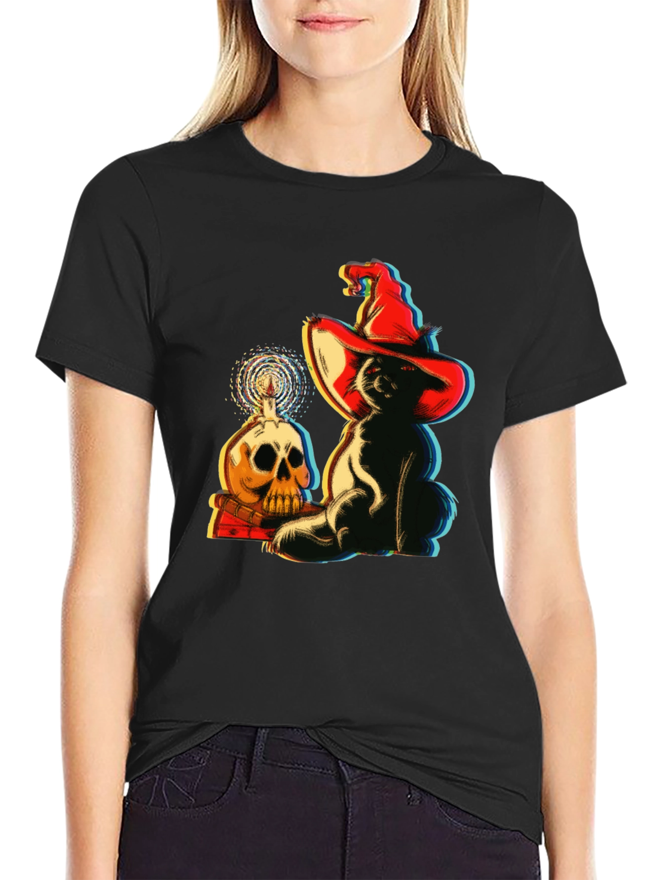 Spooky Cat & Skull Graphic Tee - Halloween Vibes!