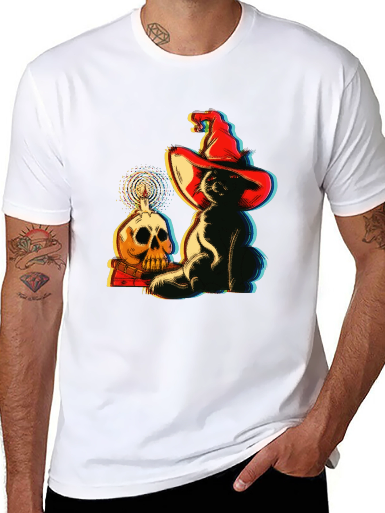 Spooky Cat & Skull Graphic Tee - Halloween Vibes!