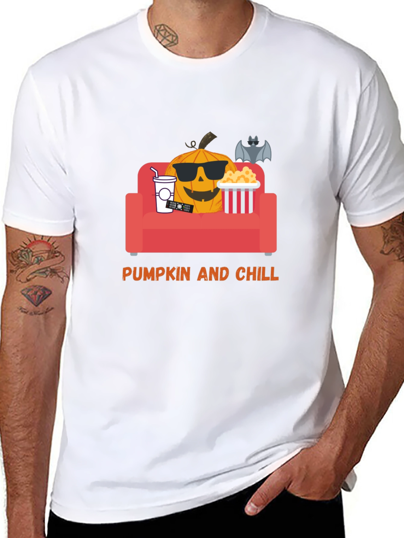 Pumpkin and Chill Graphic Tee - Relaxed Halloween Shirt