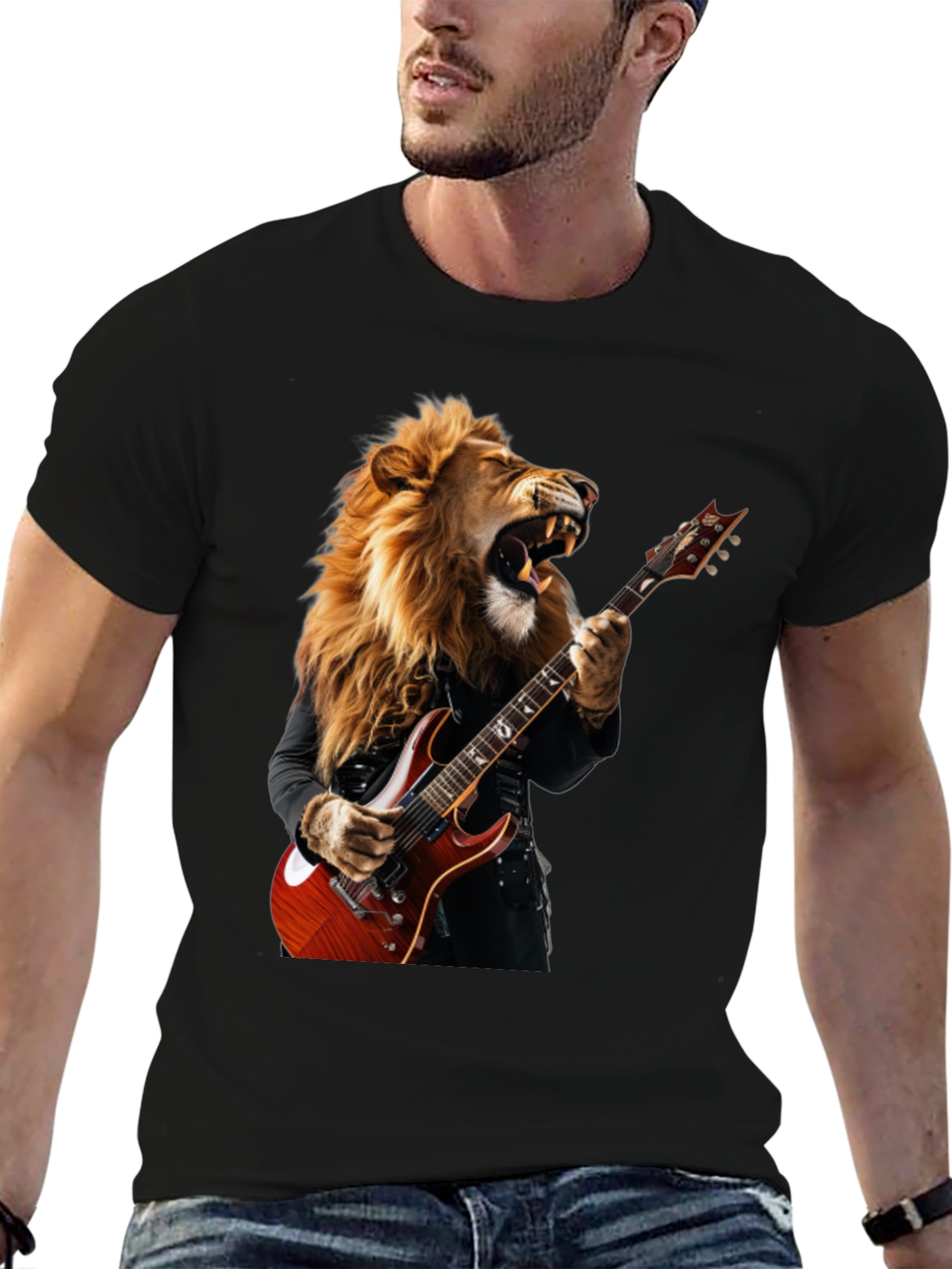 Lion Guitarist Graphic Tee - Rock Star Style T-Shirt